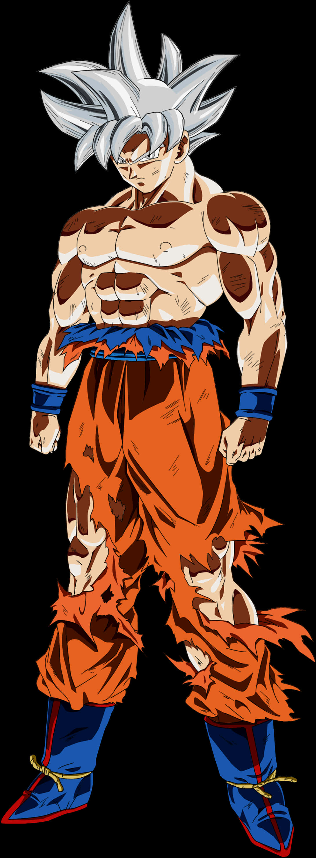 Goku Dragon Ball Super 桌布 壁紙 — 一個肌肉發達的動漫戰士，擁有銀色尖刺頭髮和橙色破爛褲子，在黑色背景前強勢站立。