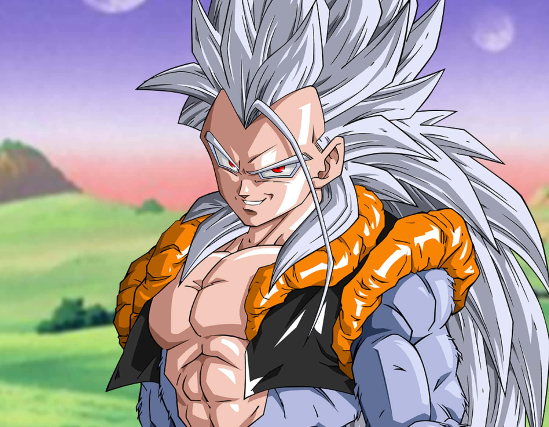 Saiyan 桌布 壁紙 — 一個肌肉發達的動漫戰士，擁有銀色尖刺頭髮和紅色眼睛，自信地站在充滿活力的綠色田野中，背景是紫色的日落天空。