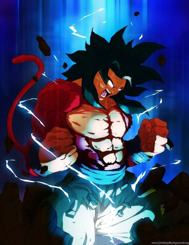 Goku Ssj4 桌布 壁紙 — 一個肌肉發達的動漫戰士，擁有黑色刺蝟頭和紅色尾巴，在深藍色背景中咆哮，周圍環繞著噼啪作響的藍色能量。