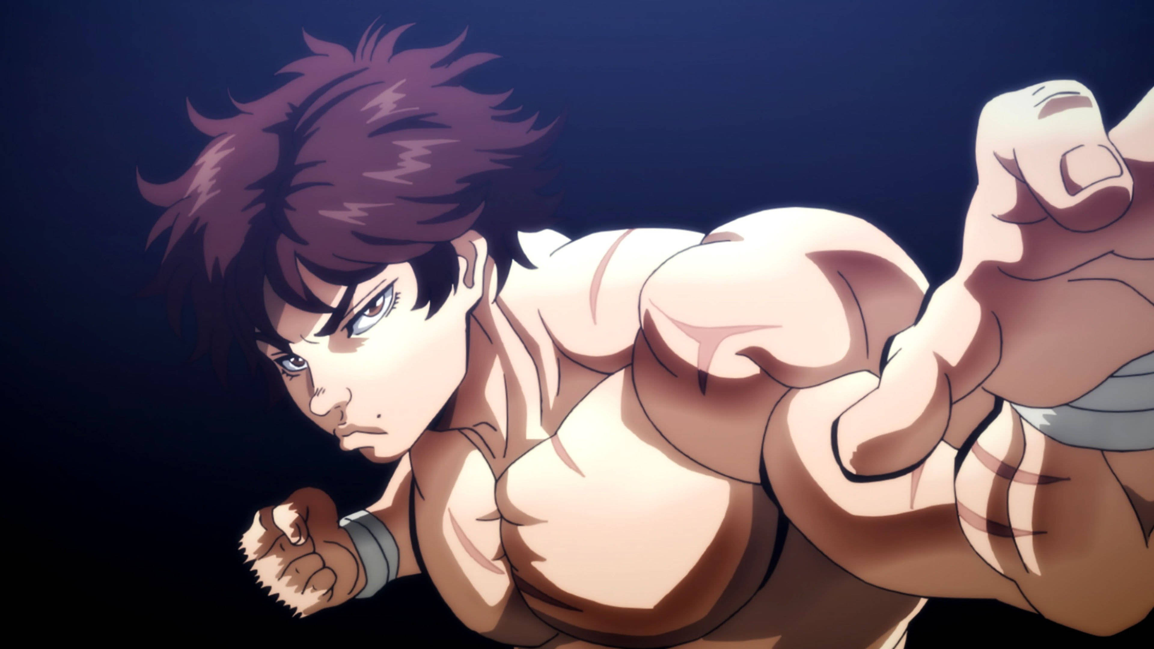Baki 桌布 壁紙 — 一個肌肉發達的動漫戰士，有著刺蝟般的棕色頭髮和銳利的眼神，在深藍色背景下以動態姿勢向前衝刺。