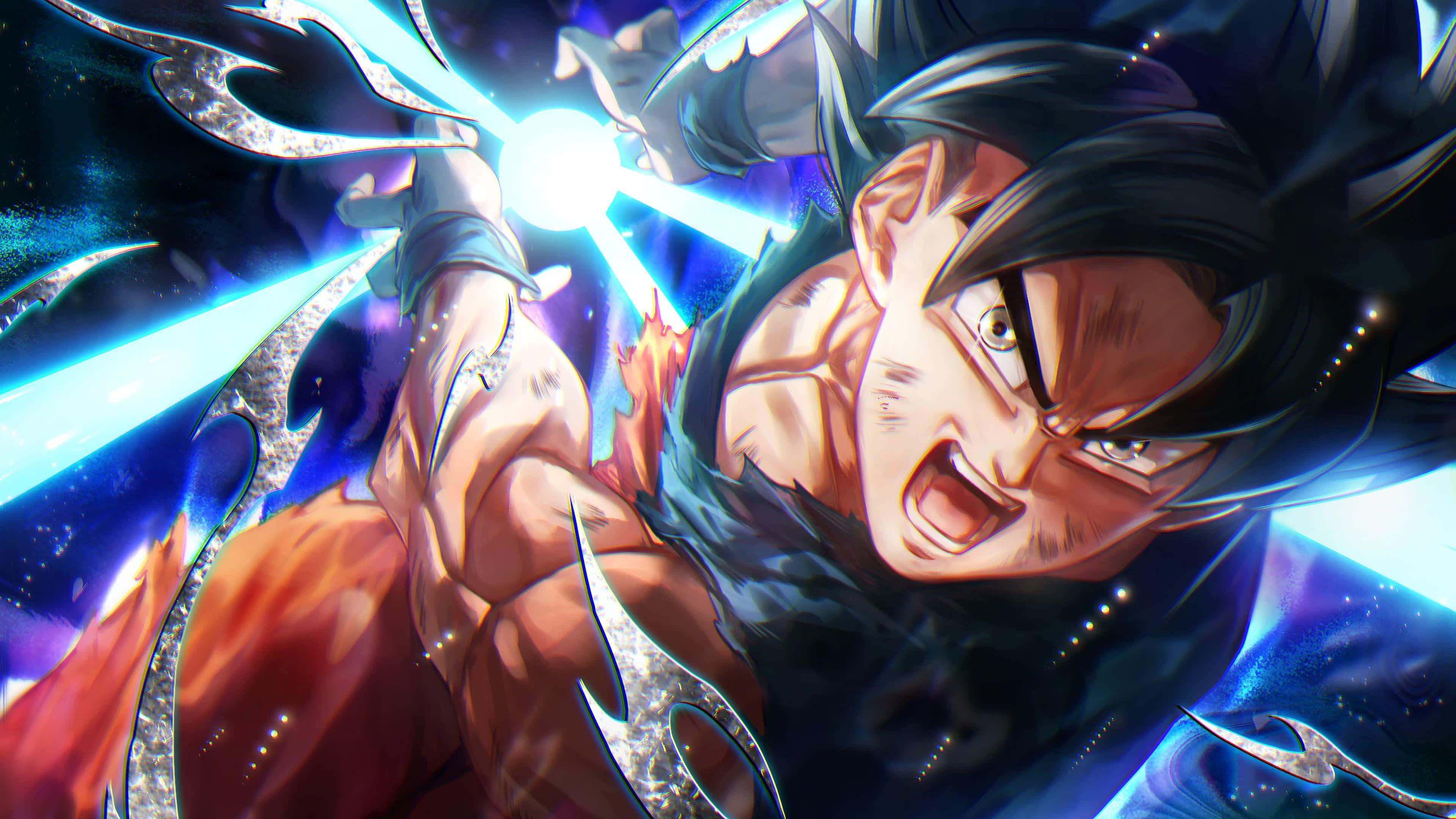 Dragon Ball Goku Ultra Instinct 桌布 壁紙 — 一個肌肉發達的動漫戰士，有著尖刺般的黑色頭髮，尖叫著將藍色能量匯聚到一個被宇宙火焰包圍的發光球體中。