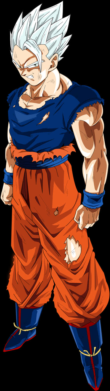 Anime Character 桌布 壁紙 — 一個肌肉發達的動漫戰士，有著尖刺的白髮，穿著破爛的橙色褲子和藍色上衣，背景為黑色。
