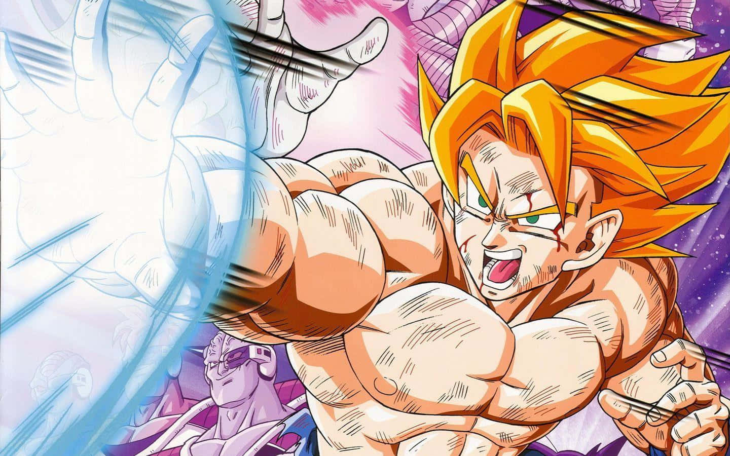 Kamehameha 桌布 壁紙 — 一個肌肉發達的動漫戰士，有著尖刺的橙色頭髮，在宇宙紫色背景下釋放出發光的藍色能量爆炸。