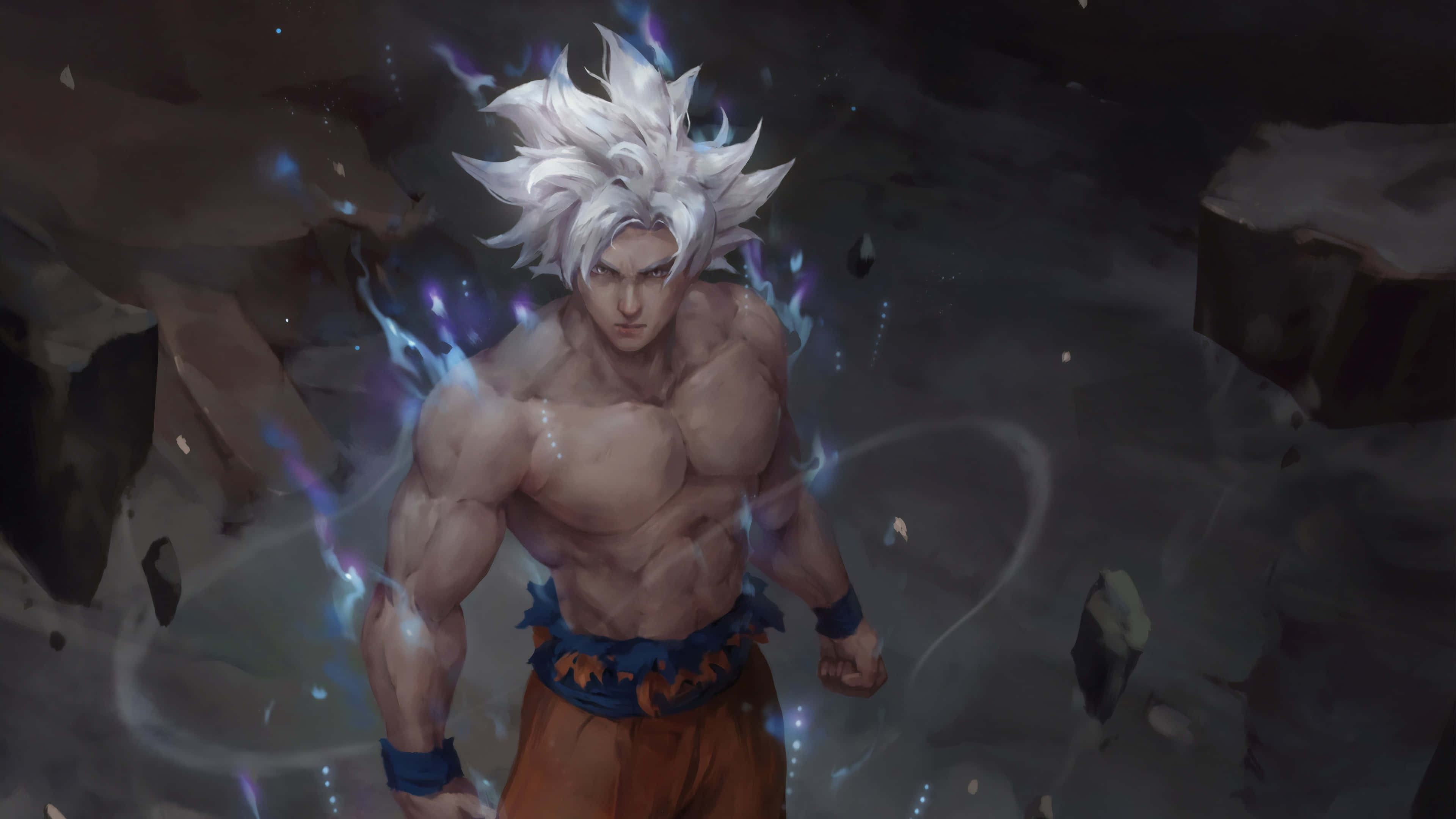 Dragon Ball Goku Ultra Instinct 桌布 壁紙 — 一個肌肉發達的動漫戰士，有著尖刺的白髮，在破碎的石頭和發光的藍色能量中強勢站立。