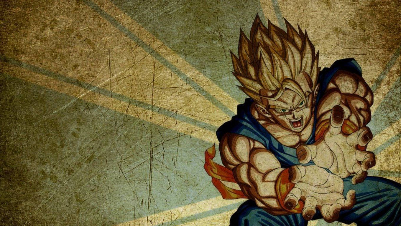 Dbz 桌布 壁紙 — 一個肌肉發達的動漫戰士，有著尖刺頭髮和發光的眼睛，在風化紋理背景前蹲伏作戰姿態。