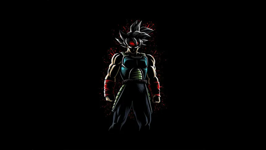 Bardock 桌布 壁紙 — 一個肌肉發達的動漫戰士，有著尖刺般的黑髮和發光的紅眼睛，站在黑色背景前，伴隨著紅色能量爆發。