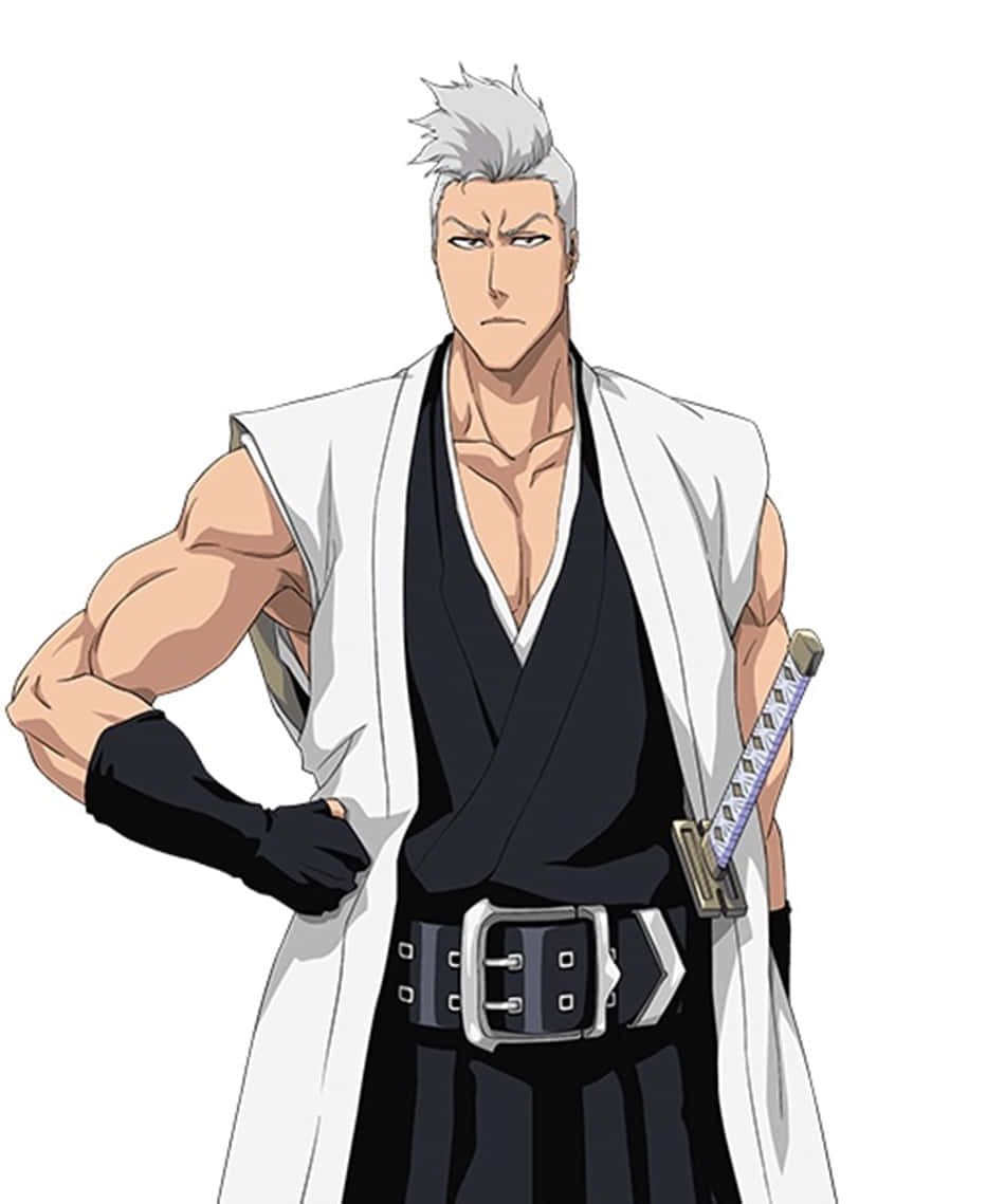 Kensei Muguruma 桌布 壁紙 — 一個肌肉發達的動漫戰士，有著尖刺的白髮，穿著黑白制服自信地站著，手持一把劍。