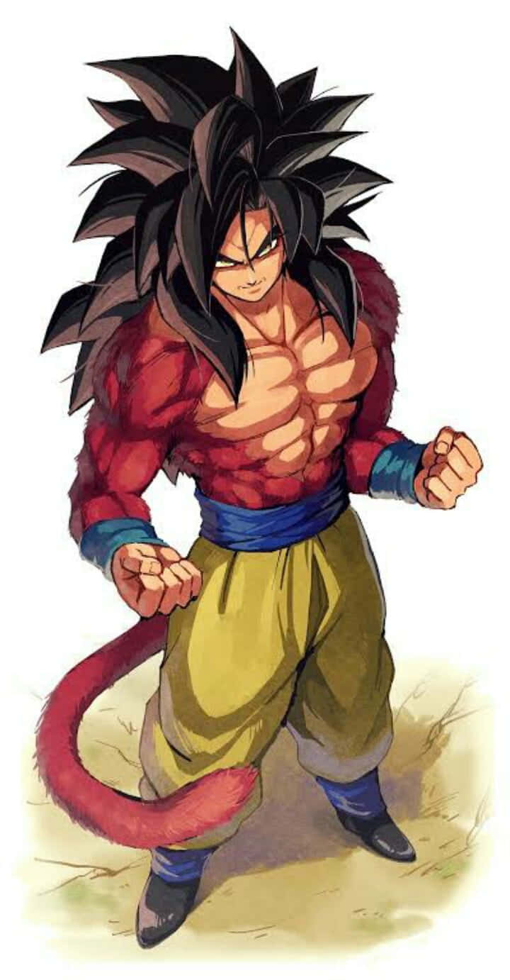 Goku Ssj4 桌布 壁紙 — 一個肌肉發達的動漫戰士，有著尖刺般的黑色頭髮和紅色尾巴，穿著黃色褲子和藍色腰帶，擺出戰鬥姿勢。