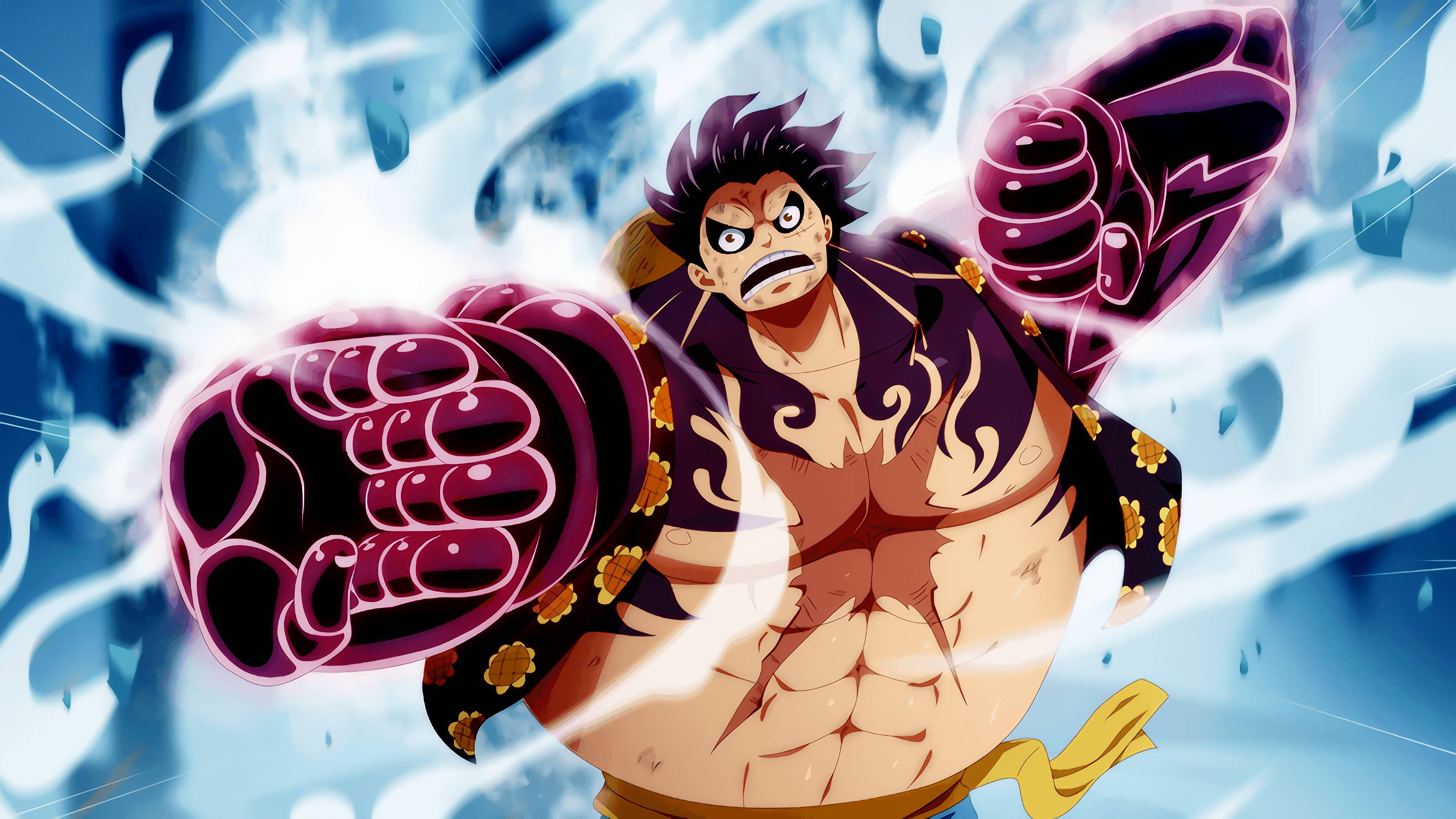 luffy 4K 桌布 壁紙 — 一個肌肉發達的動漫戰士，有著尖刺頭髮和紫色拳頭，衝過旋轉的藍色能量風暴。