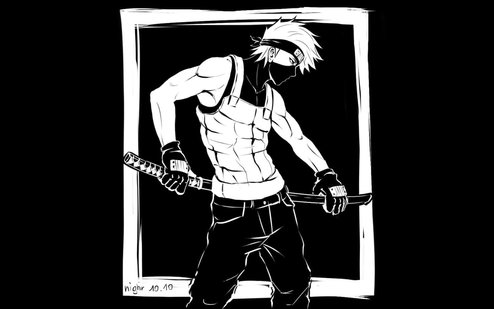 Naruto Black 桌布 壁紙 — 一個肌肉發達的動漫戰士，有著尖刺頭髮和眼罩，在粗糙邊框的清晰黑白插圖中緊握武士刀。