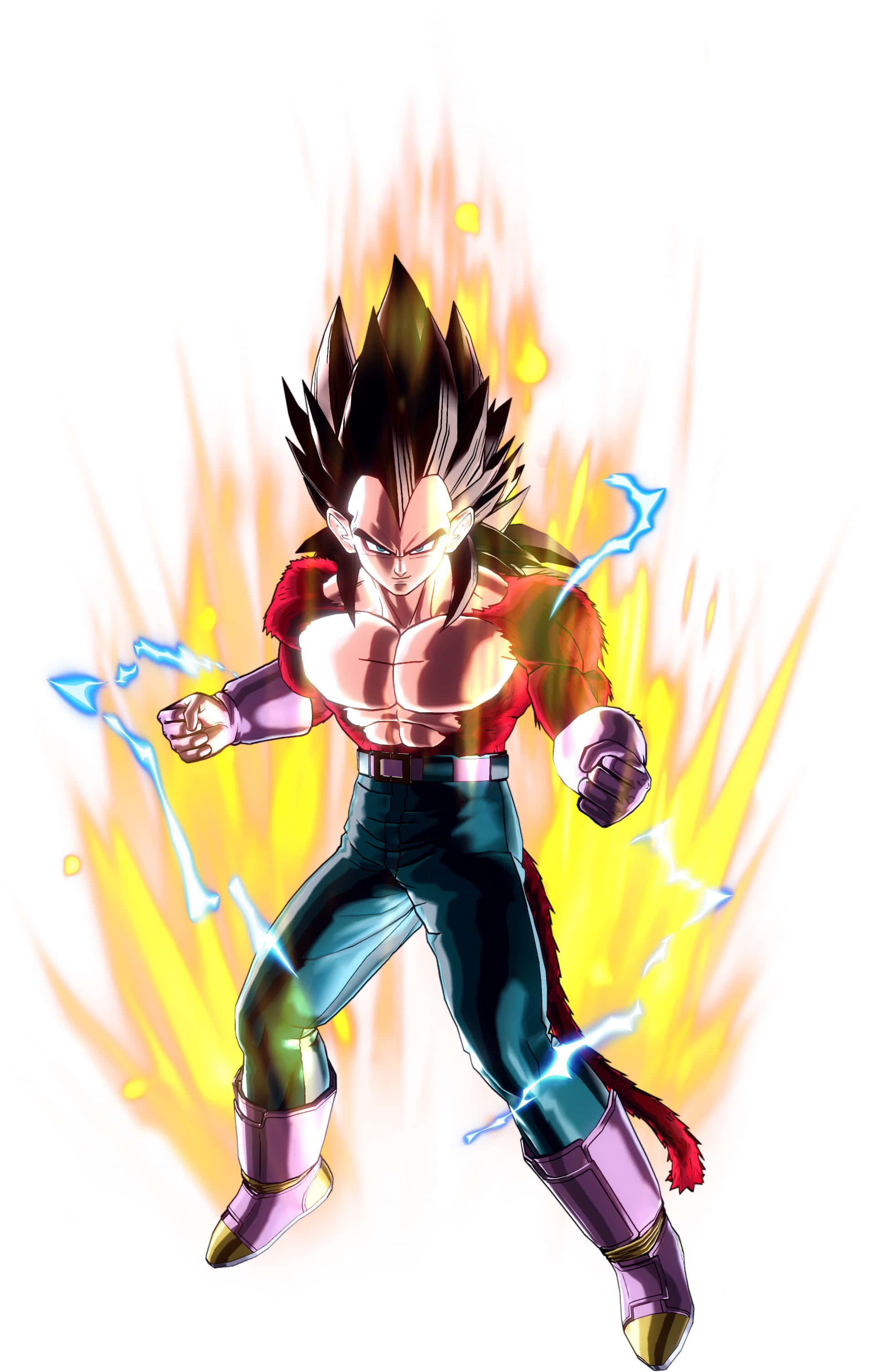 Vegeta Super Saiyan 4 桌布 壁紙 — 一個肌肉發達的動漫戰士，有著尖刺頭髮和發光氣場，在白色背景前擺出強力姿勢。