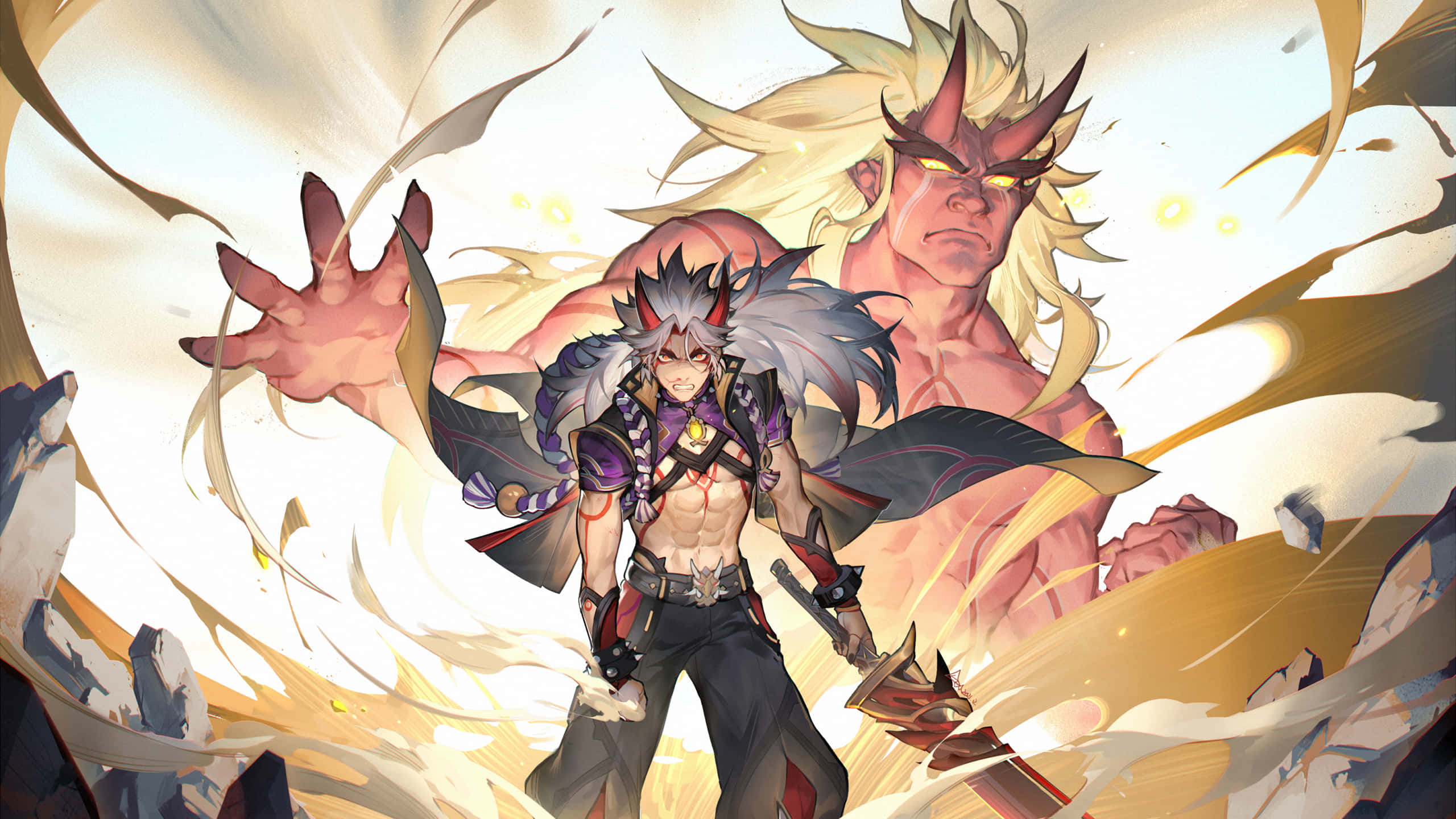 Itto Genshin Impact 桌布 壁紙 — 一個肌肉發達的動漫戰士，有著尖刺頭髮和惡魔角，挑釁地站著，身後一個更大的發光身影在旋轉的金色能量和破碎的岩石中隱現。