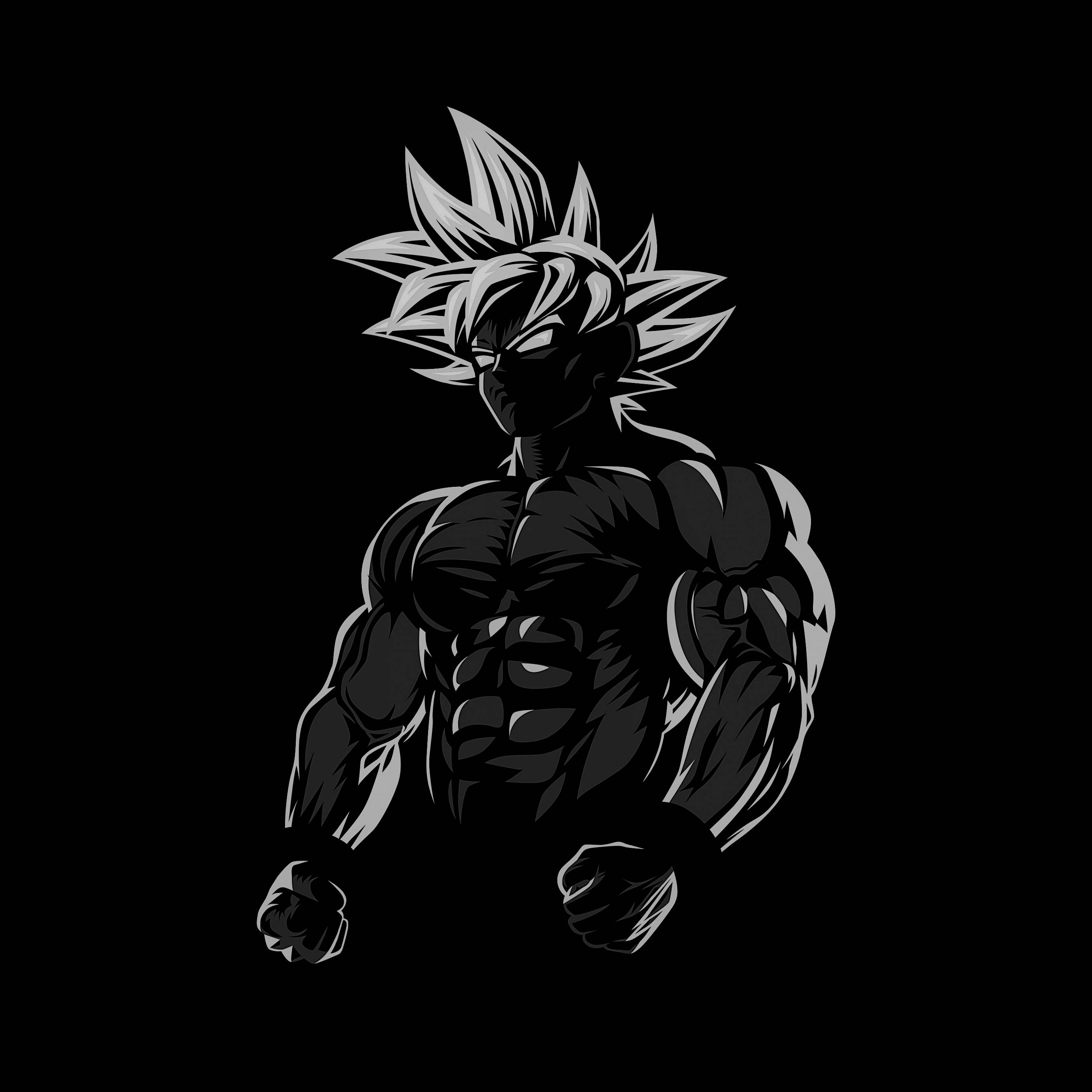 Goku Black And White 桌布 壁紙 — 一個肌肉發達的動漫戰士，有著尖刺的白髮和發光的眼睛，在黑色背景下擺出強有力的姿勢。