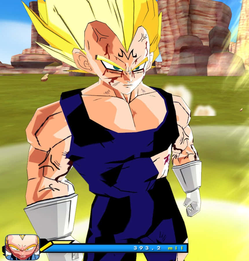 Dragon Ball Super Games 桌布 壁紙 — 一個肌肉發達的動漫戰士，有著尖刺的黃色頭髮和戰鬥傷疤，站在明亮的藍天下的一片草地上。