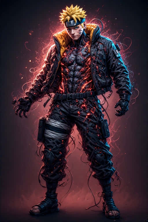 Cyberpunk Naruto Full Body Transformation 4K 壁紙 — 一個肌肉發達的動漫戰士，有著尖刺的金色頭髮和發光的紅色查克拉血管，站在一個黑暗的攝影棚中，被圍繞他身體旋轉的火焰能量照亮。