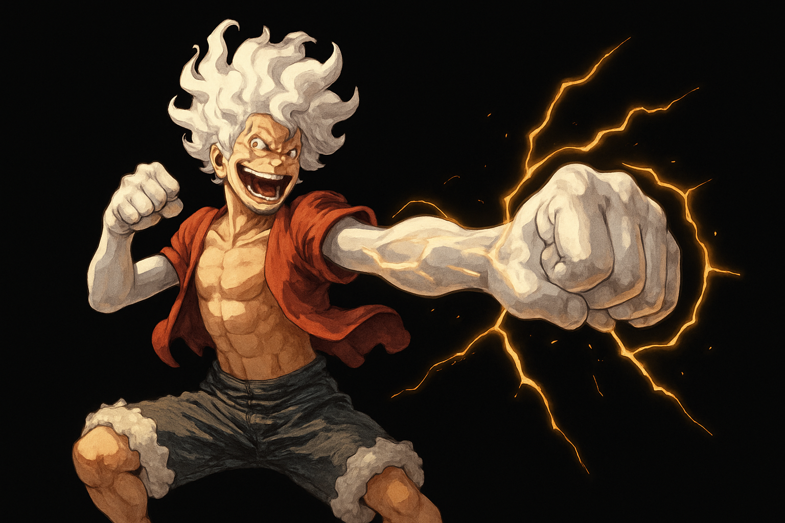 Luffy Black 桌布 壁紙 — 一個肌肉發達的動漫戰士，有著狂野的白髮和紅色外套，在黑色背景前揮拳，拳頭上閃爍著黃色閃電。