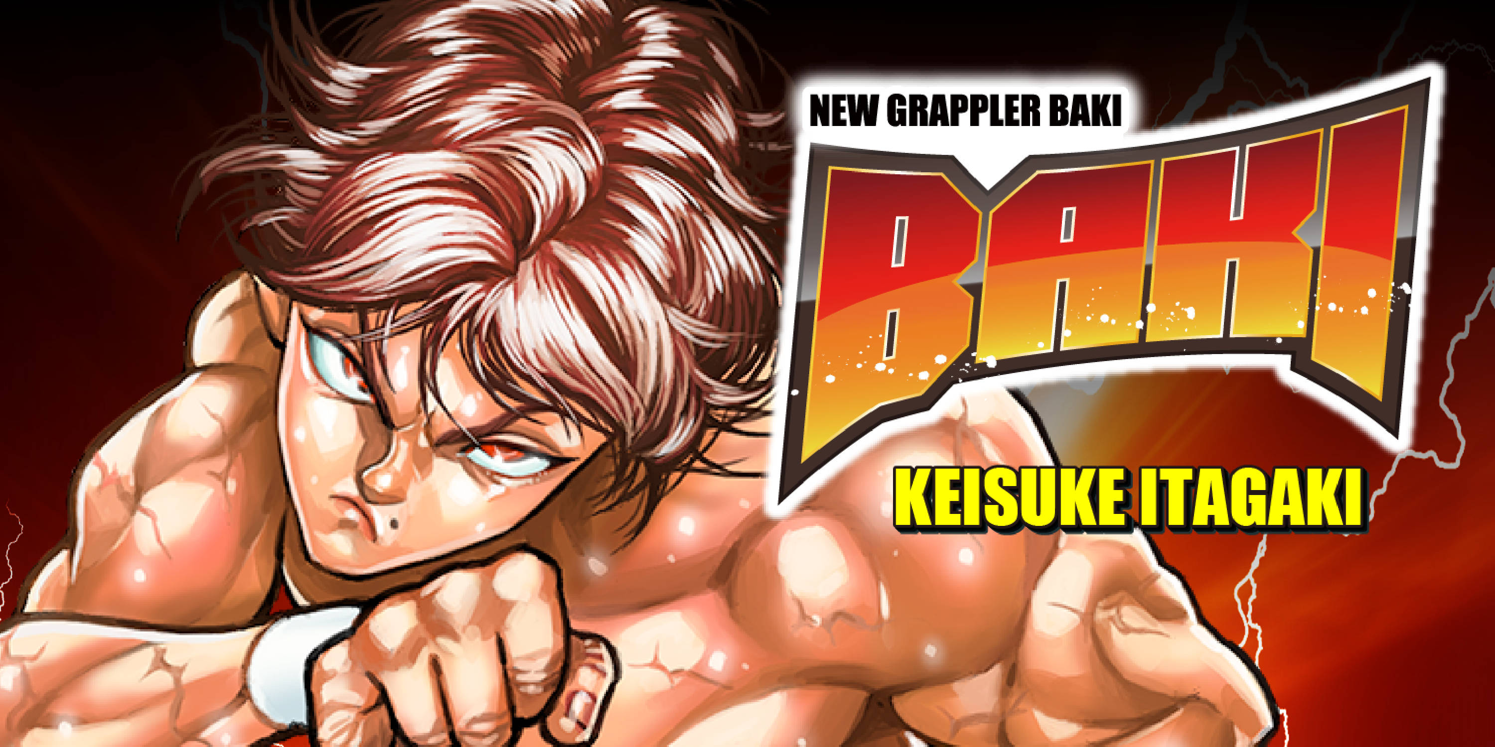 Baki 桌布 壁紙 — 一個肌肉發達的動漫戰士，有著狂野的紅髮和銳利的眼神，在帶有閃電的熾熱紅色背景前握緊拳頭。