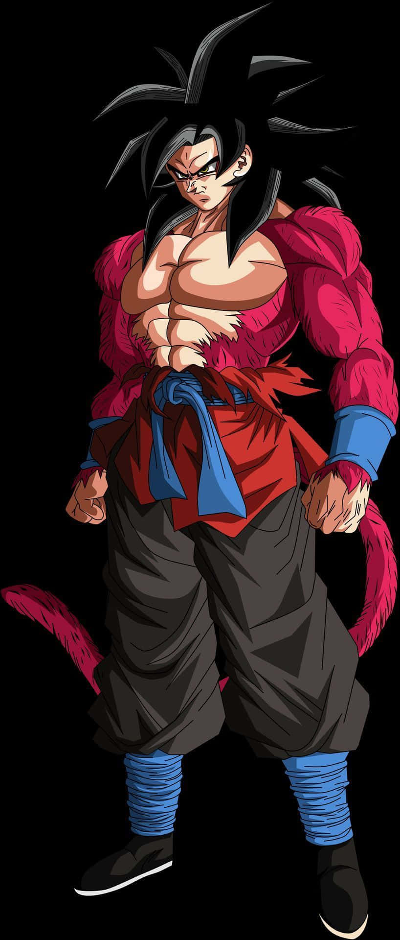 Legendary Super Saiyan 桌布 壁紙 — 一個肌肉發達的動漫戰士，有著黑色刺蝟頭和紅色氣場，在黑色背景前擺出戰鬥姿勢。