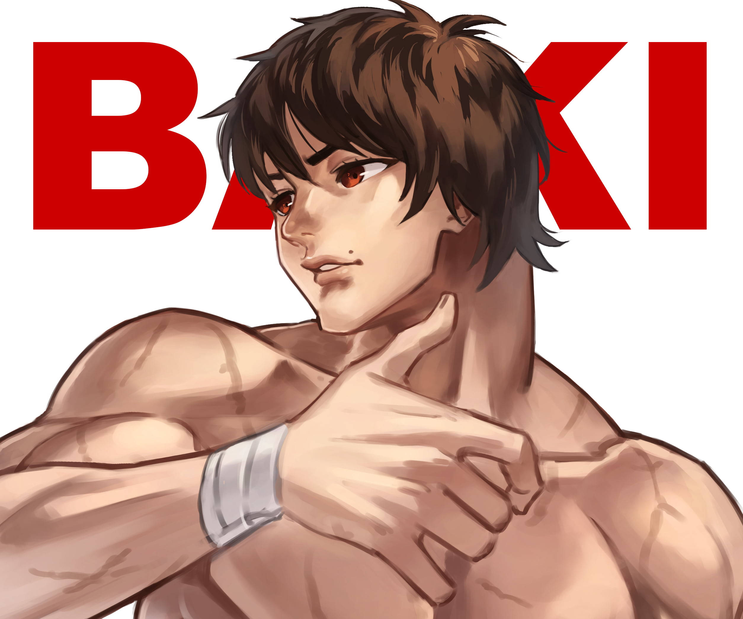 Baki 桌布 壁紙 — 一個肌肉發達的動漫戰士，棕色頭髮和紅色眼睛，戴著白色腕帶，在醒目的紅色「BAKI」文字背景前自信地擺姿勢。