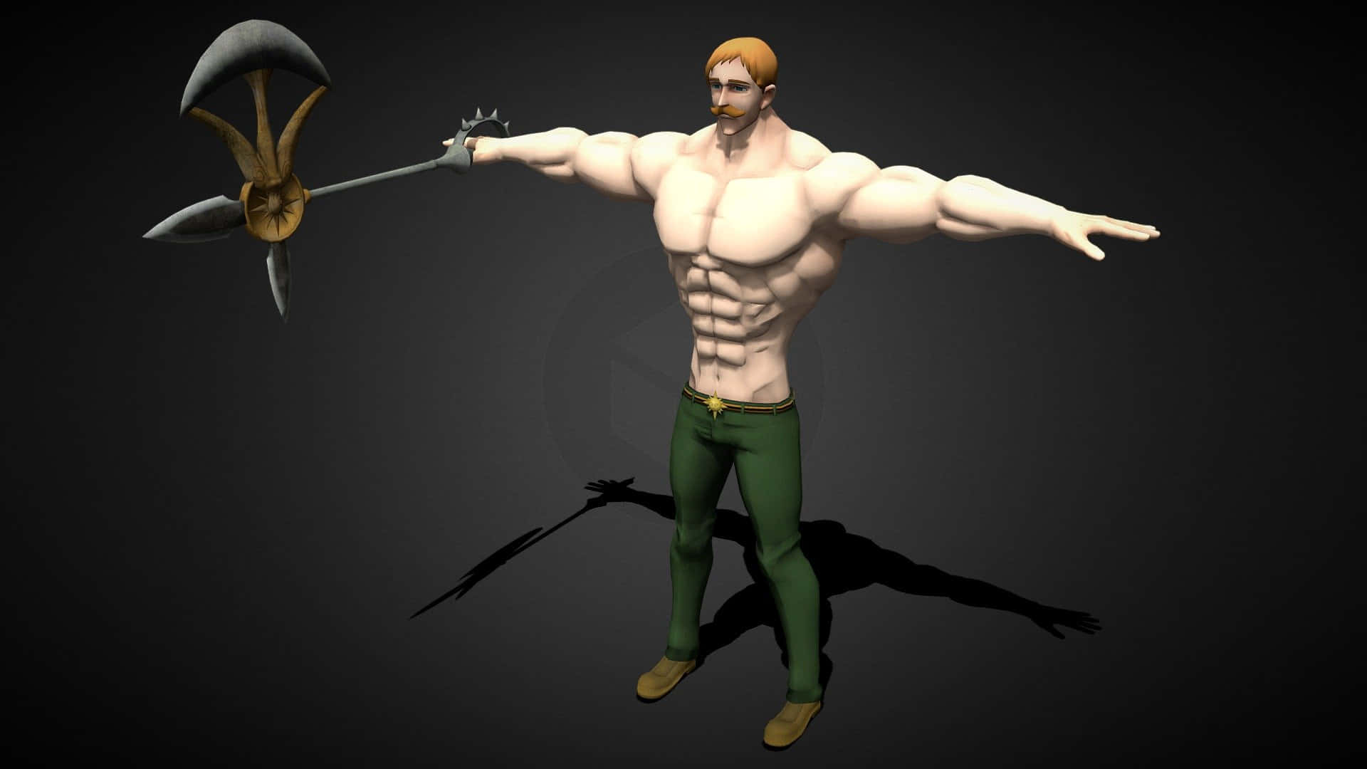 Escanor 桌布 壁紙 — 一個肌肉發達的動漫戰士，橙色頭髮，綠色褲子，在黑暗的攝影棚背景下手持帶刺的三叉戟。