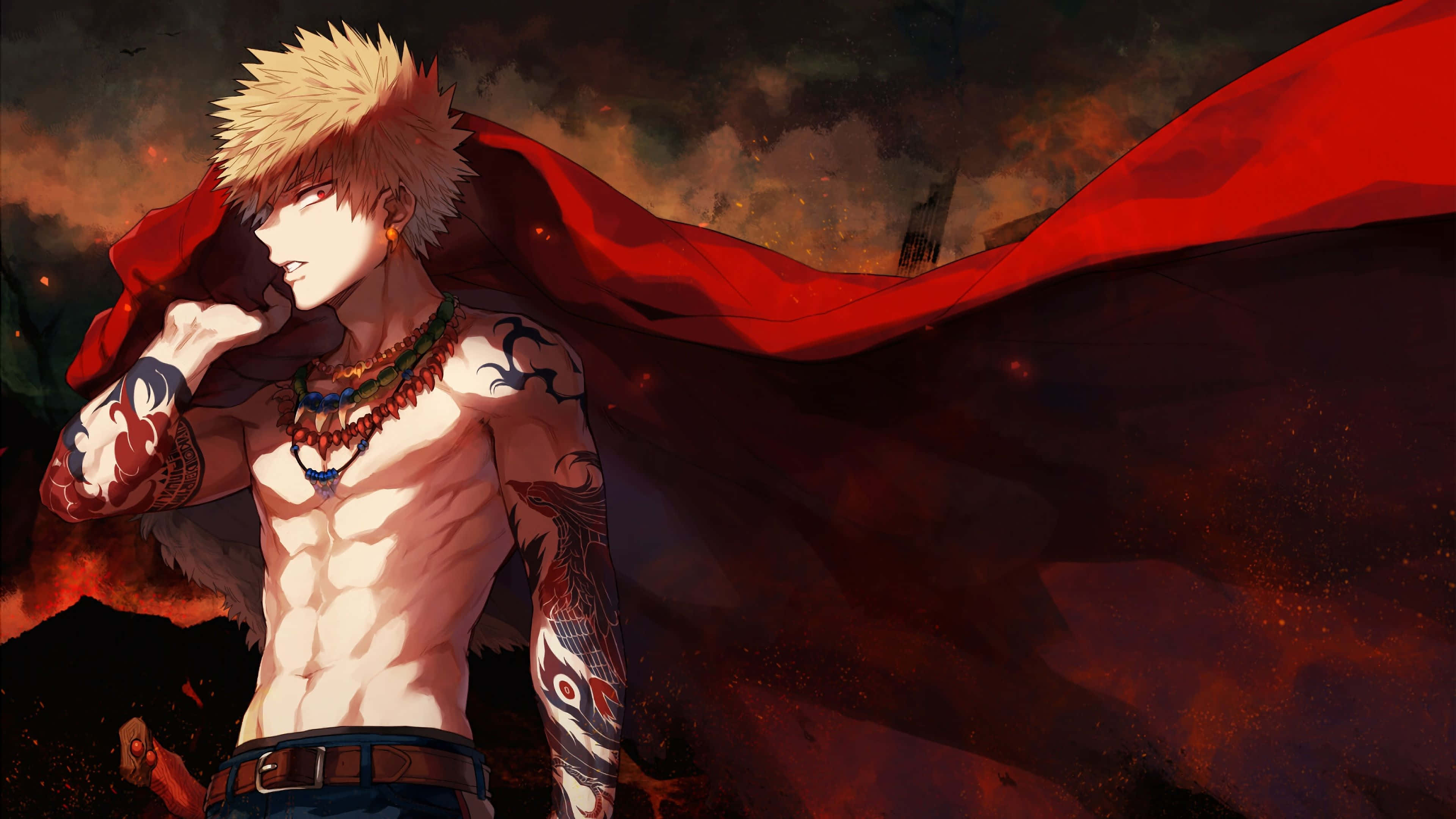 Bakugo 桌布 壁紙 — 一個肌肉發達的動漫戰士，留著尖刺金髮和刺青，在火紅的天空下挑釁地站著，他的紅色披風戲劇性地飄揚。