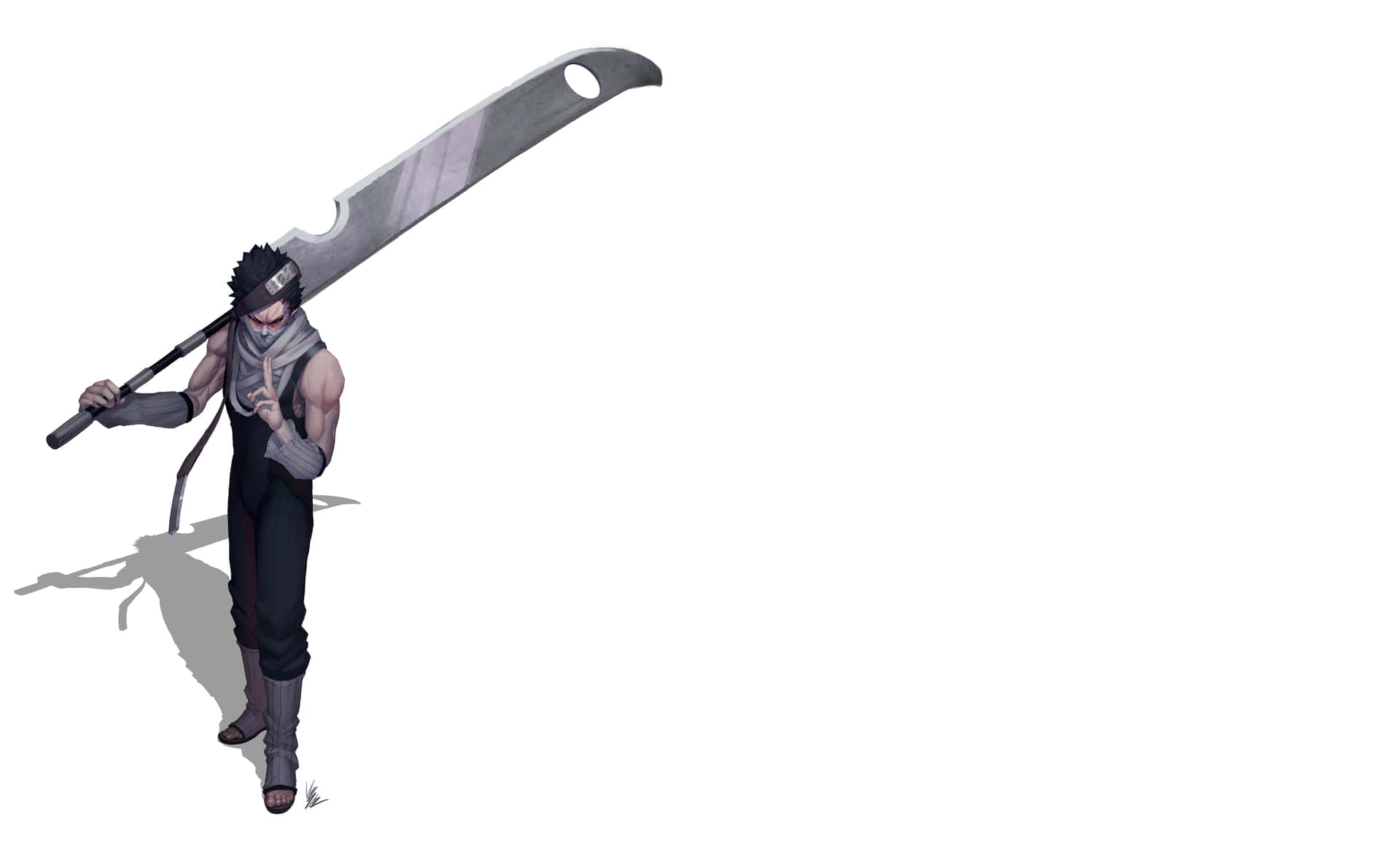 Zabuza Momochi 桌布 壁紙 — 一個肌肉發達的動漫戰士，留著尖刺的黑髮，肩上扛著一把巨大的彎刀，背景是純白色。