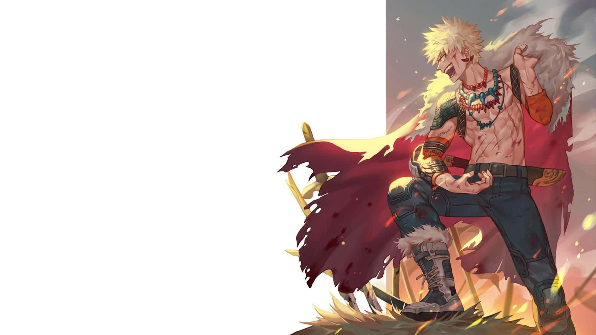 Bakugo 桌布 壁紙 — 一個肌肉發達的動漫戰士，留著尖刺金髮，披著破爛的紅色斗篷，在熾熱的背景前擺出動態的戰鬥姿勢。