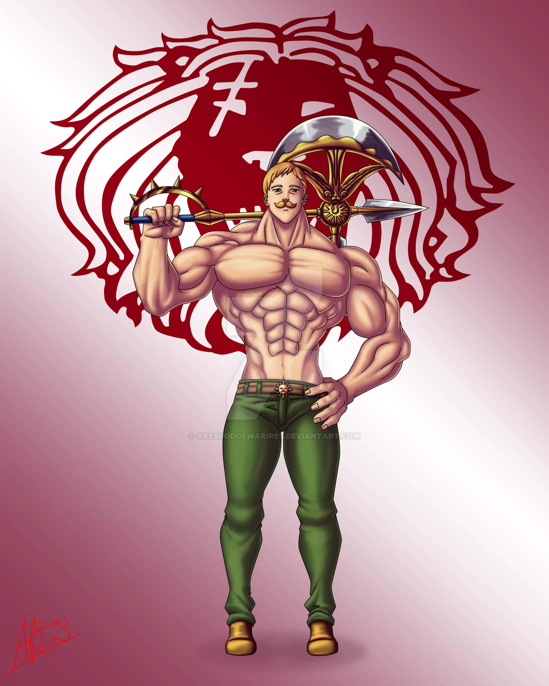 Escanor 桌布 壁紙 — 一個肌肉發達的動漫戰士，留著鬍子，戴著華麗的頭盔，站在紅色獅子徽章前，手持長矛。
