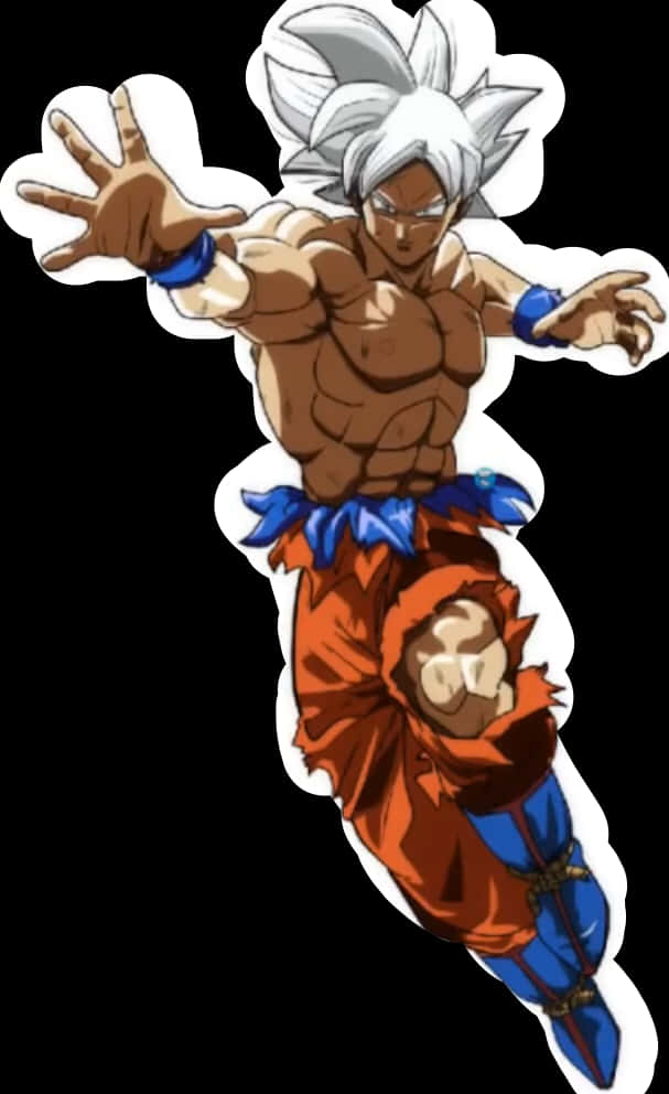 Goku Dragon Ball Super 桌布 壁紙 — 一個肌肉發達的動漫戰士，白色尖刺頭髮和橙色褲子，在黑色背景上動態跳躍。