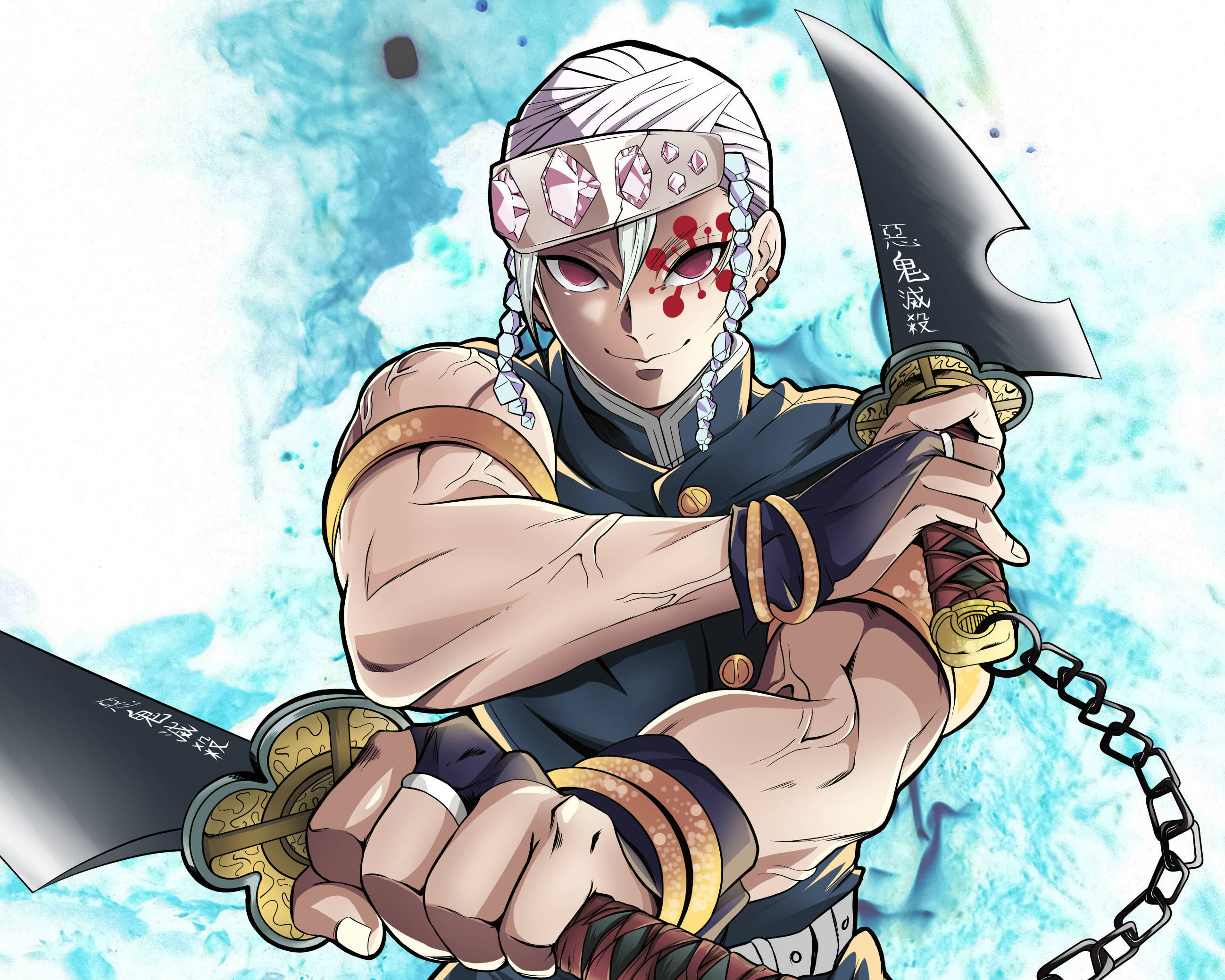 Tengen 桌布 壁紙 — 一個肌肉發達的動漫戰士，白髮紅眼紋，握著一把鎖鏈劍，背景是旋轉的藍色水彩。