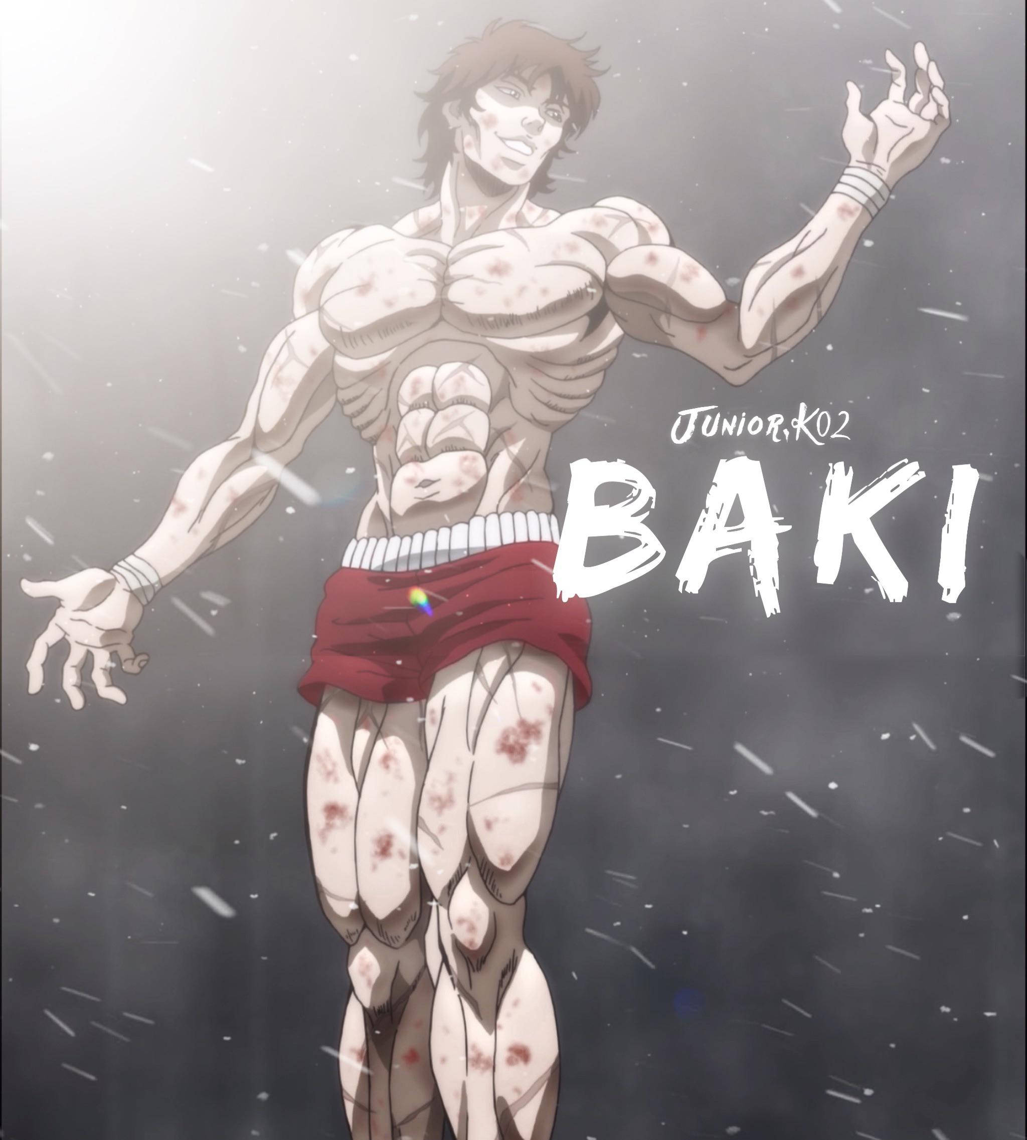 Baki 桌布 壁紙 — 一個肌肉發達的動漫戰士，皮膚沾滿鮮血，在暴風雪中張開雙臂，以深灰色背景為襯，勝利地站立。