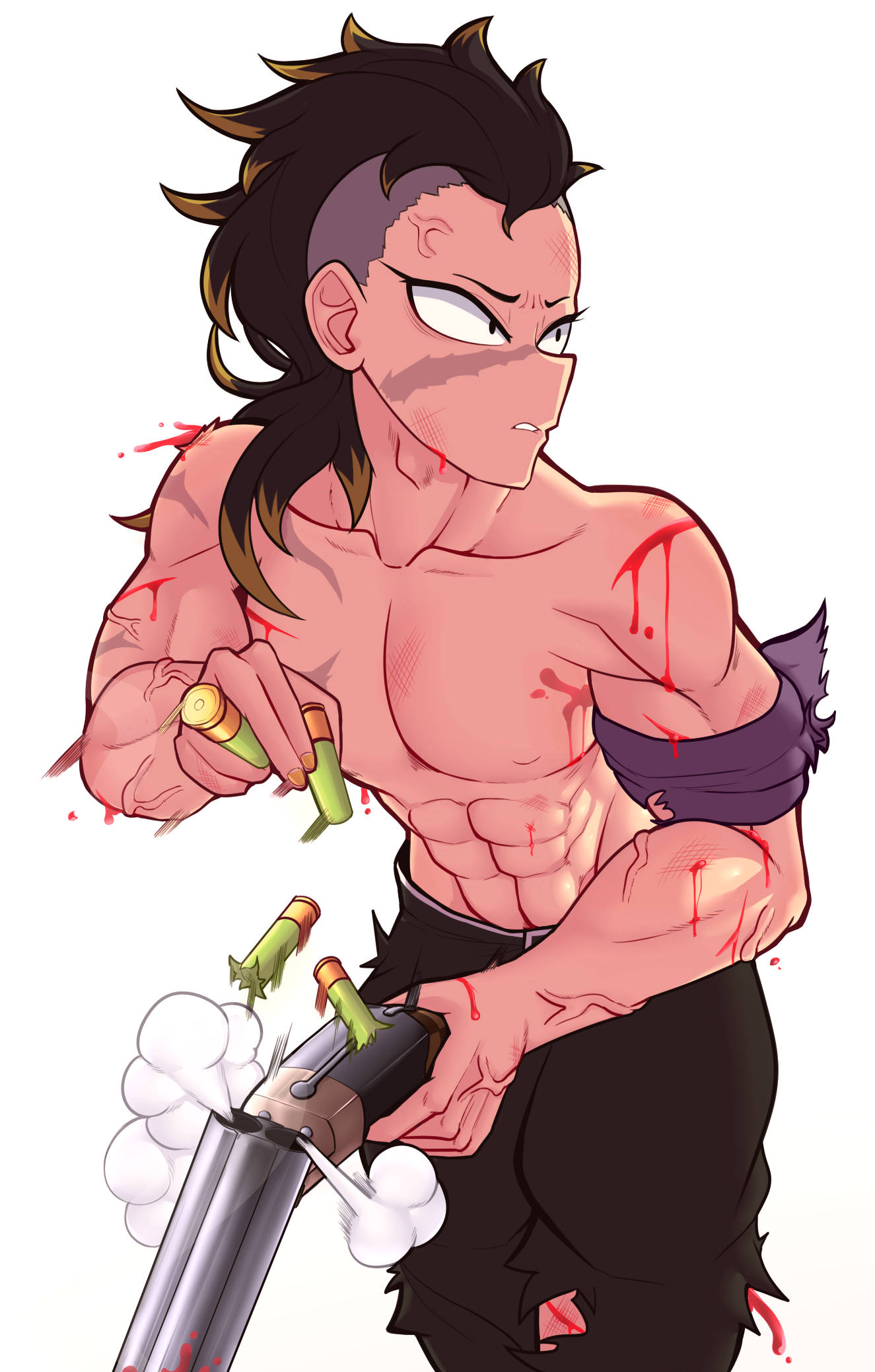genya 桌布 壁紙 — 一個肌肉發達的動漫戰士，皮膚沾滿鮮血，頭髮狂野，一邊手持手榴彈一邊發射霰彈槍。