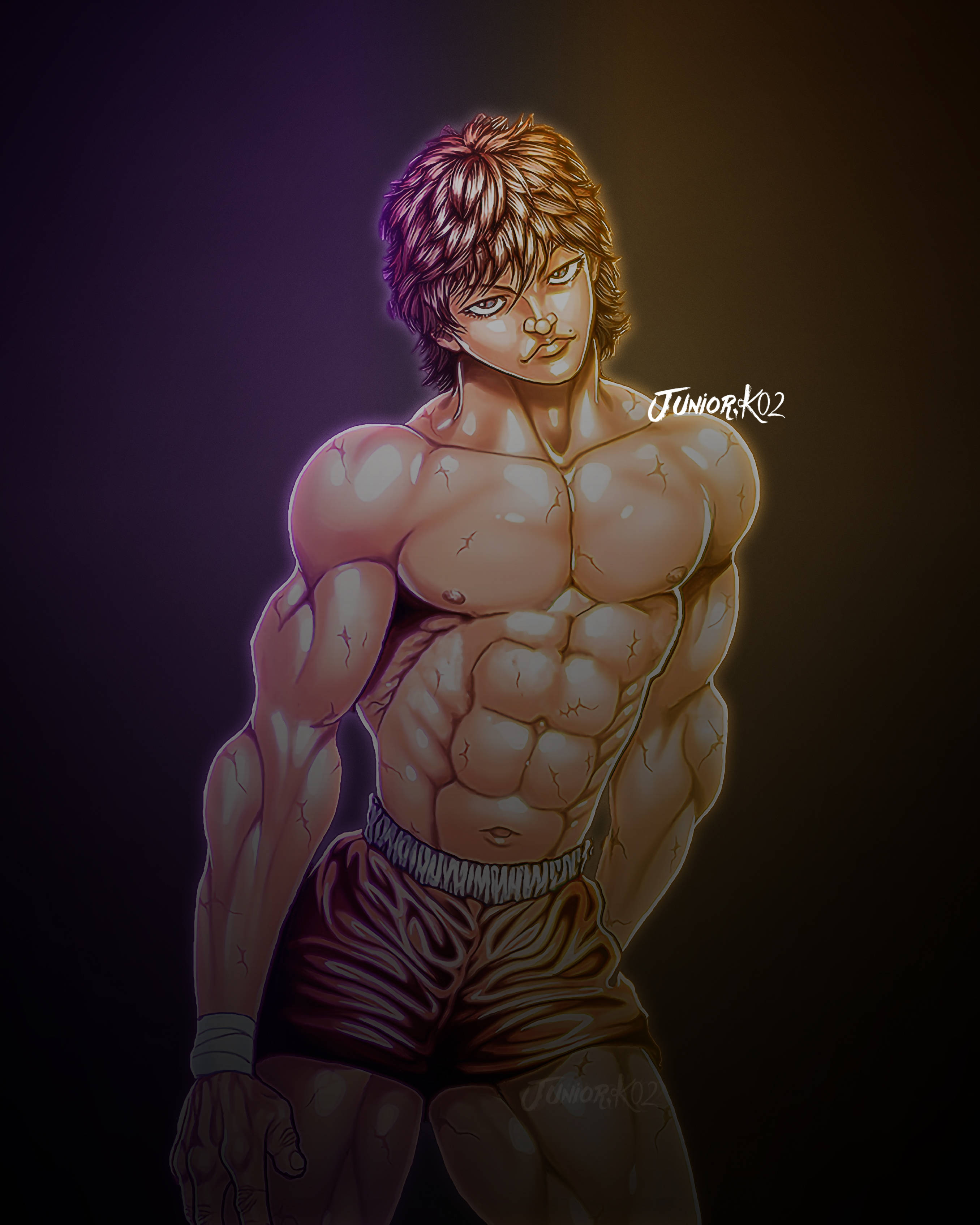 Baki 桌布 壁紙 — 一個肌肉發達的動漫戰士，皮膚龜裂，在昏暗燈光下自信地站立，穿著拳擊短褲和護腕。