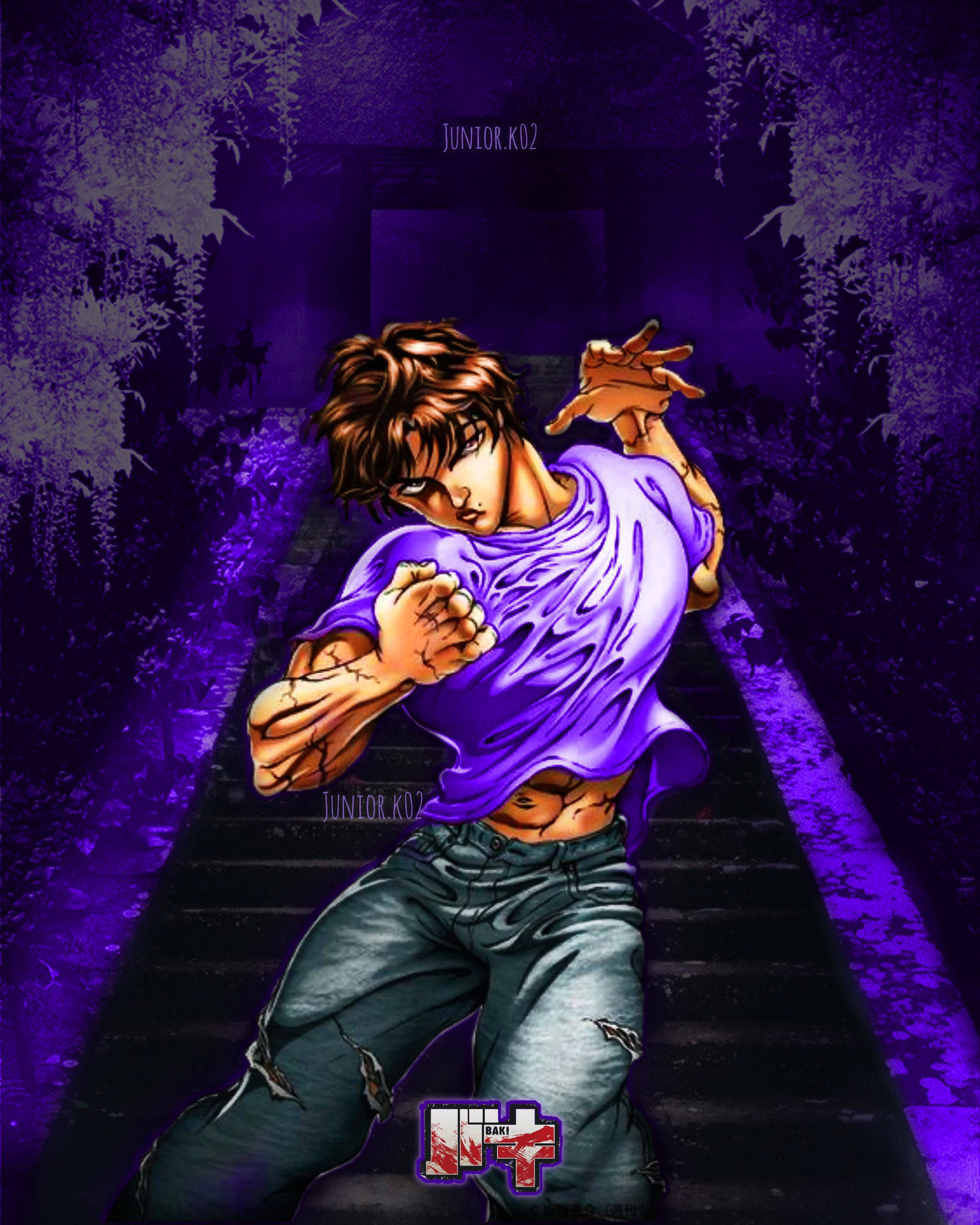 Baki 桌布 壁紙 — 一個肌肉發達的動漫戰士，穿著紫色襯衫和破洞牛仔褲，在發光的紫色樓梯上擺出動態姿勢，周圍環繞著藤蔓。