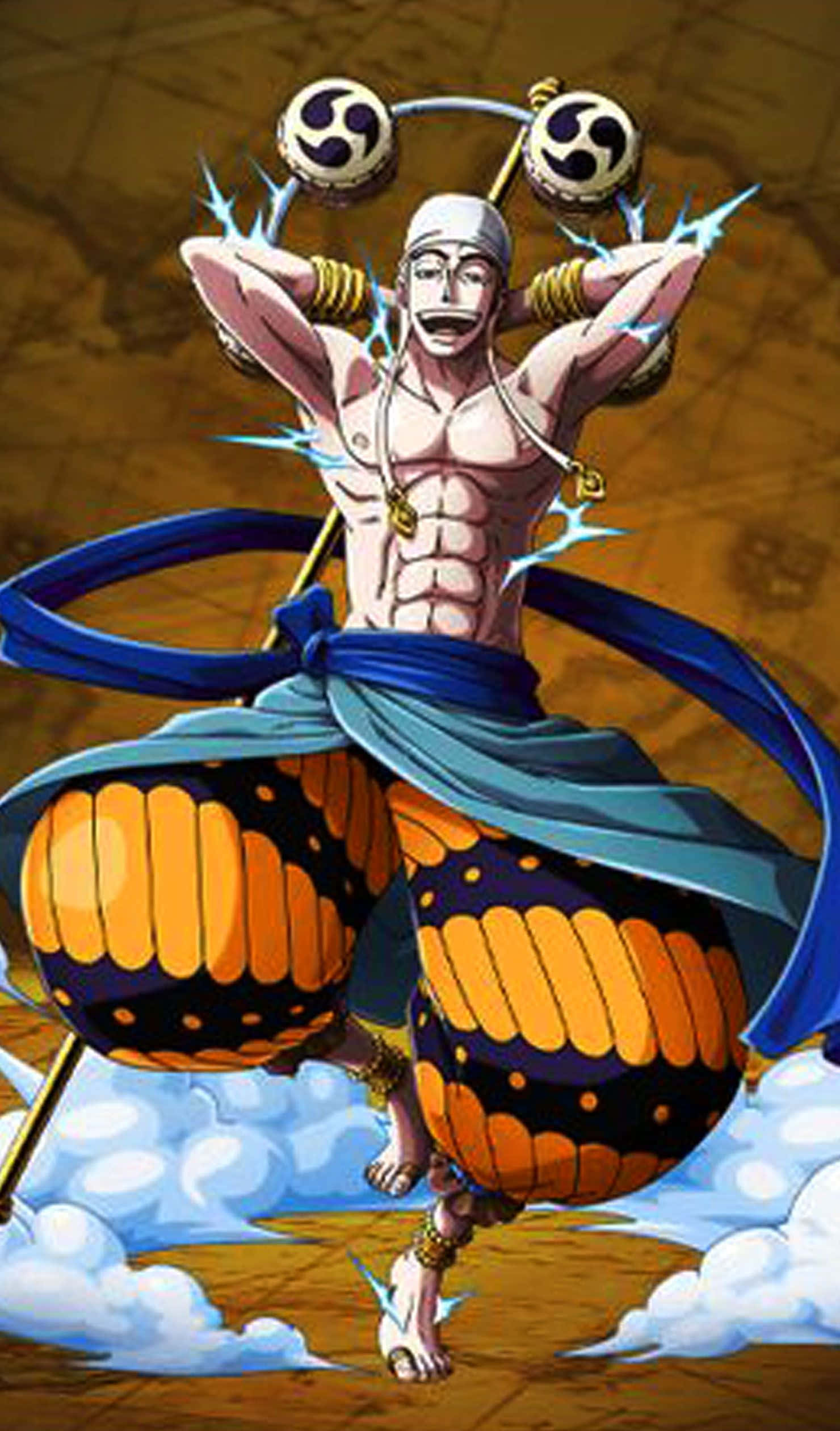 One Piece Enel 桌布 壁紙 — 一個肌肉發達的動漫戰士，穿著蝴蝶圖案褲子和閃電效果，在地圖背景上動態跳躍。