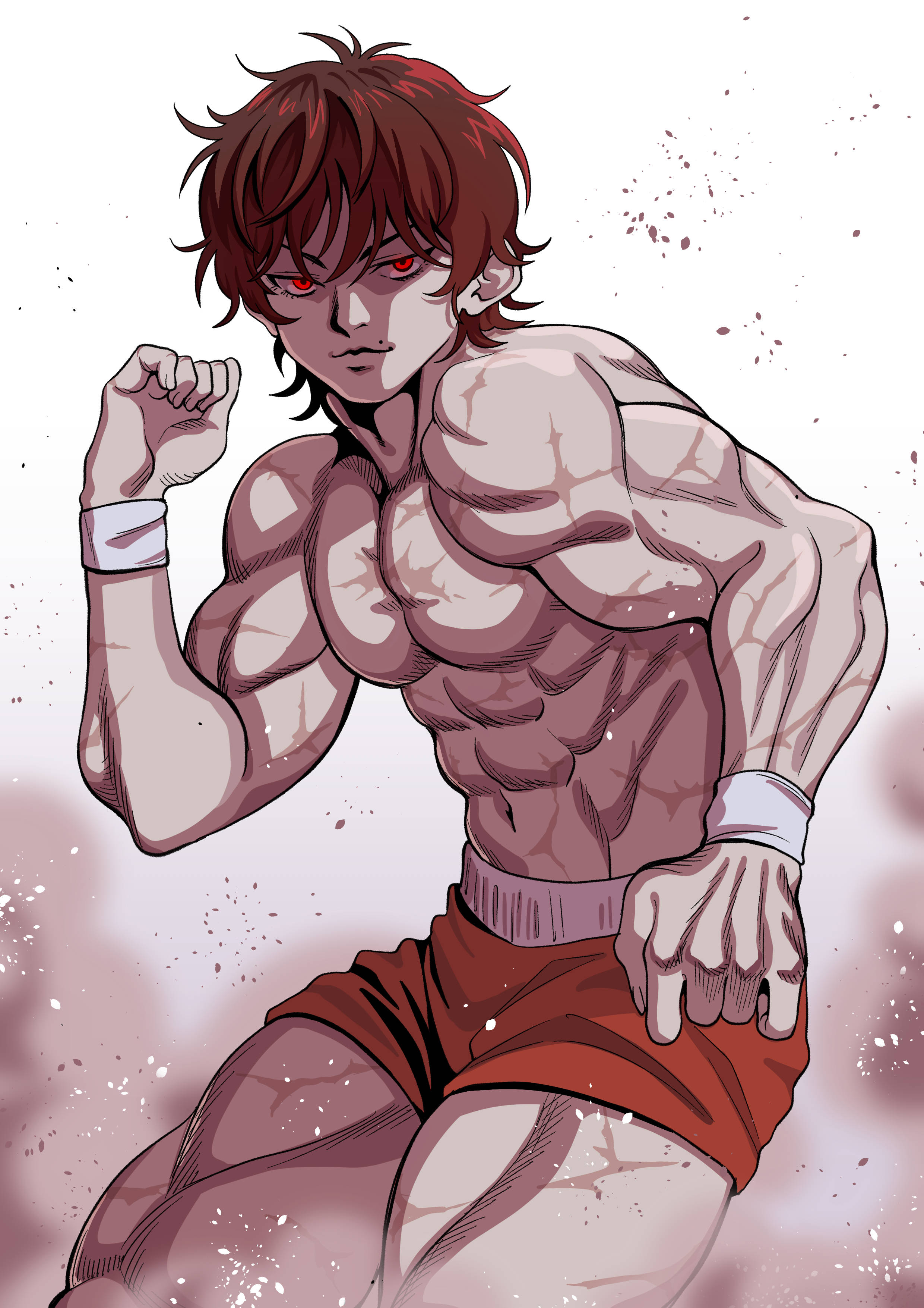 Baki 桌布 壁紙 — 一個肌肉發達的動漫戰士，紅眼睛、棕色頭髮，穿著紅色短褲，在斑點粉紅色背景上挑釁地擺姿勢。