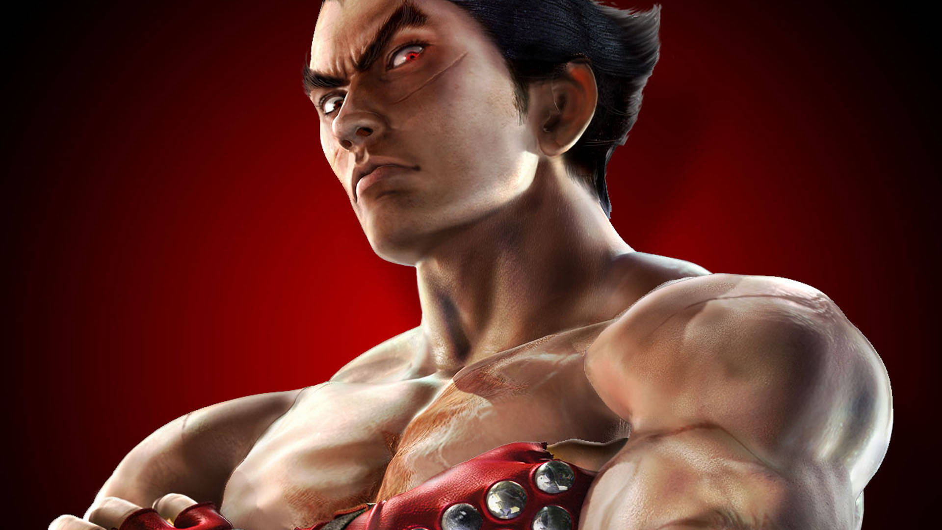 kazuya mishima 桌布 壁紙 — 一個肌肉發達的動漫戰士，紅眼睛和紅手套，在深紅色背景下強烈凝視。