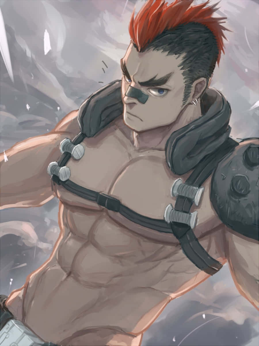 Tsumugu Kinagase 桌布 壁紙 — 一個肌肉發達的動漫戰士，紅色莫西乾頭和眼罩，在暴風雨的灰色環境中挑釁地站立。