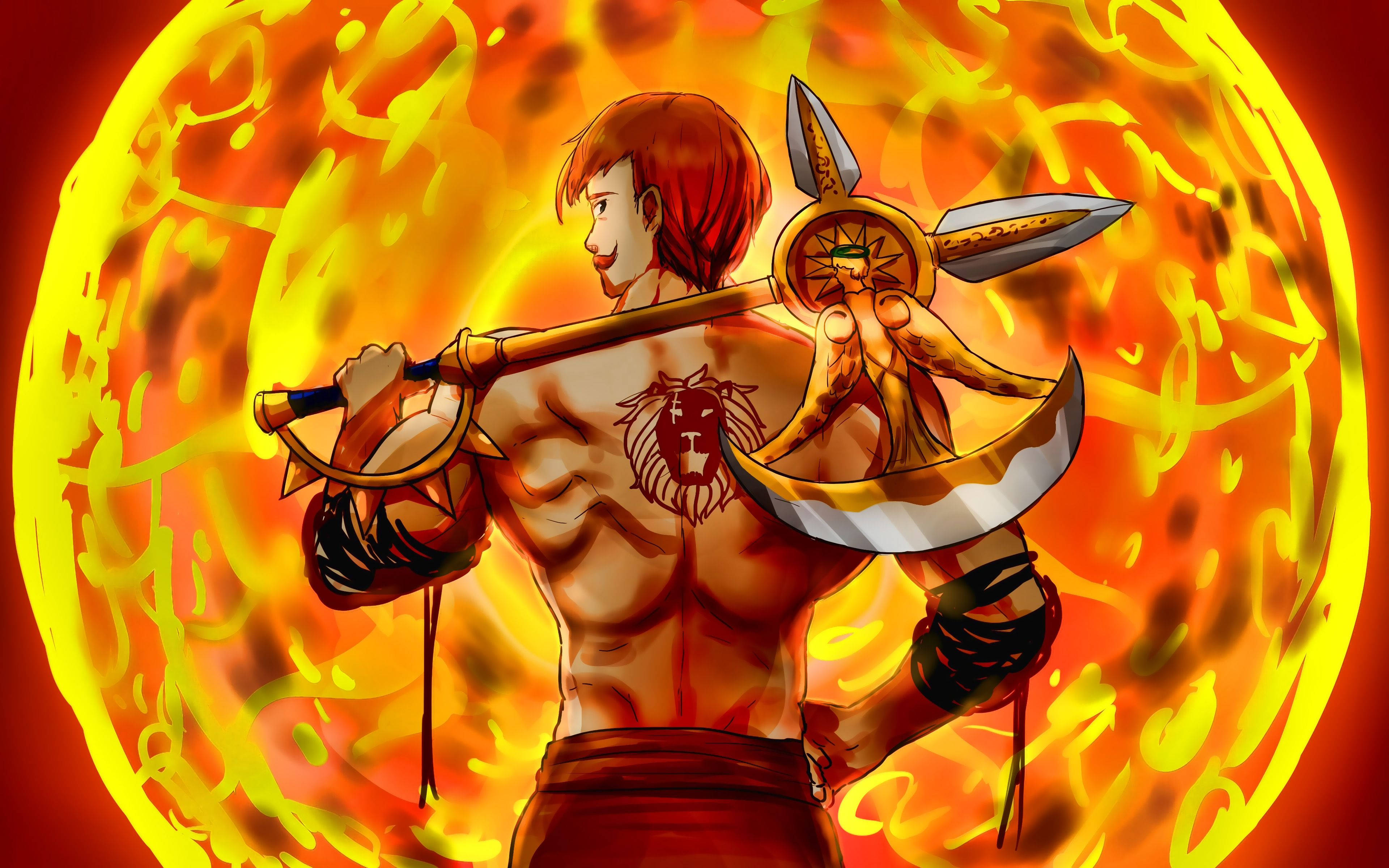 Escanor 桌布 壁紙 — 一個肌肉發達的動漫戰士，紅髮，揮舞著帶刺的斧頭，背景是熾熱的太陽。
