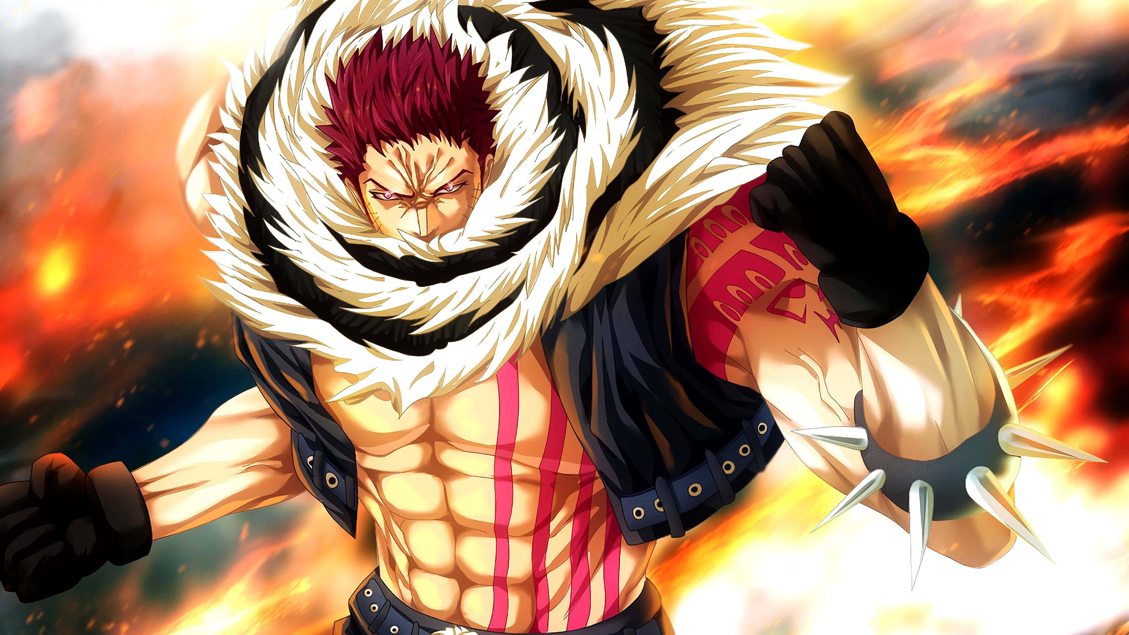 Charlotte Katakuri 桌布 壁紙 — 一個肌肉發達的動漫戰士，紅髮，身穿白色毛皮大衣，挑釁地站在熾熱爆炸的背景前。