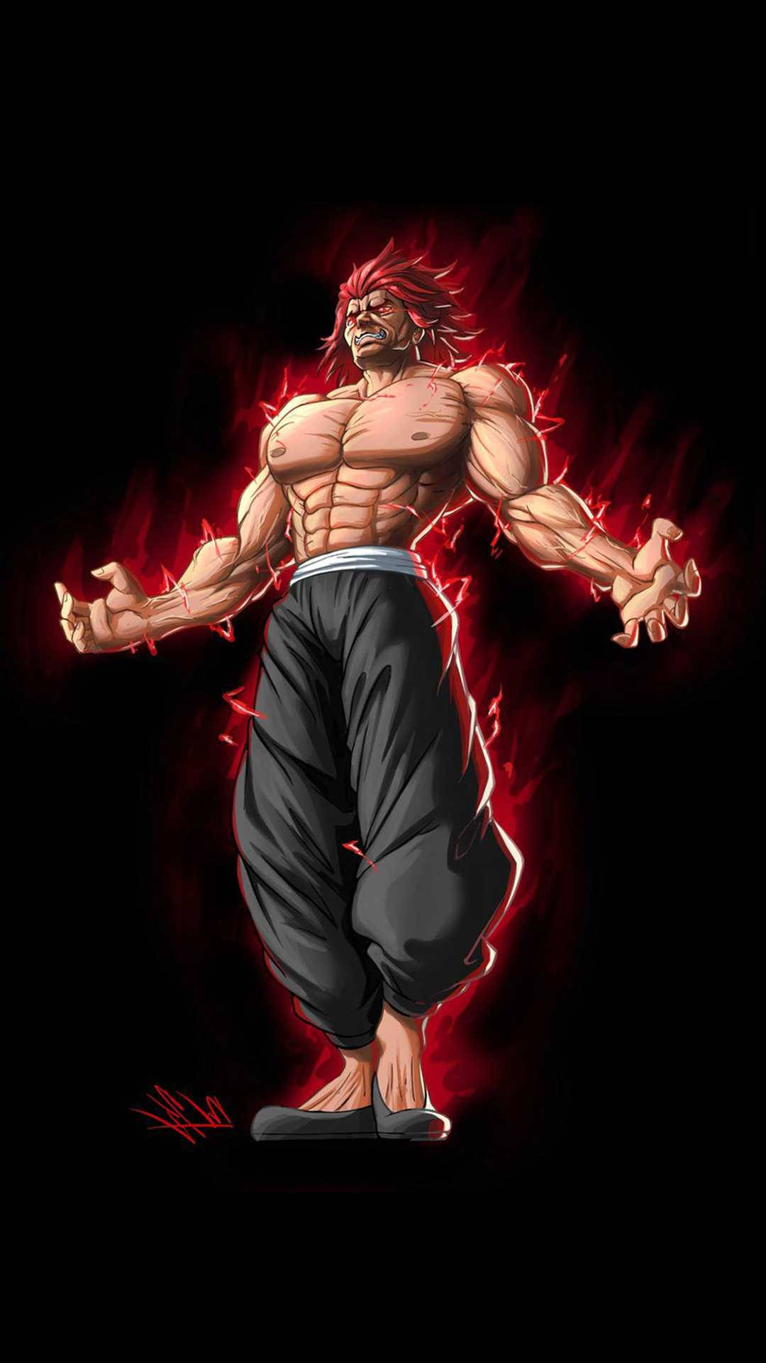 Baki 桌布 壁紙 — 一個肌肉發達的動漫戰士，紅髮和發光的紅色能量，在黑色背景上散發力量。