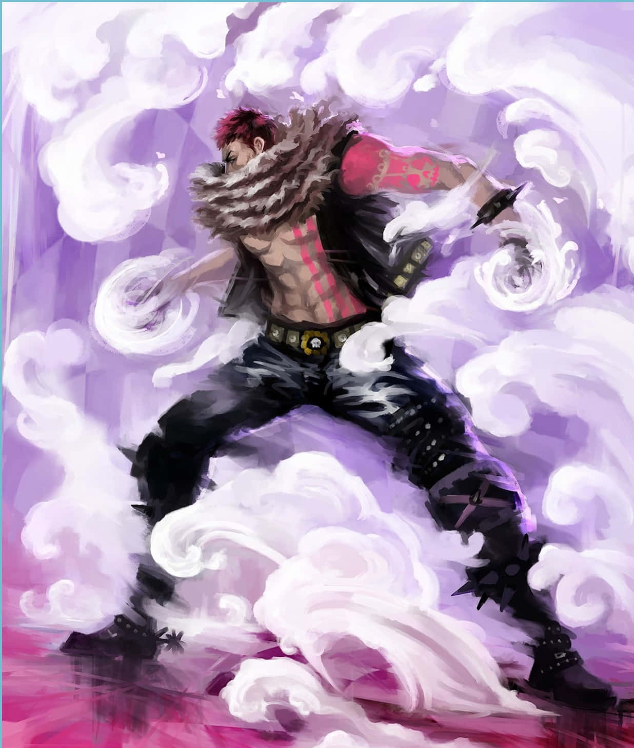 Charlotte Katakuri 桌布 壁紙 — 一個肌肉發達的動漫戰士，紅髮毛領，在旋轉的紫色和白色煙霧中戰鬥。