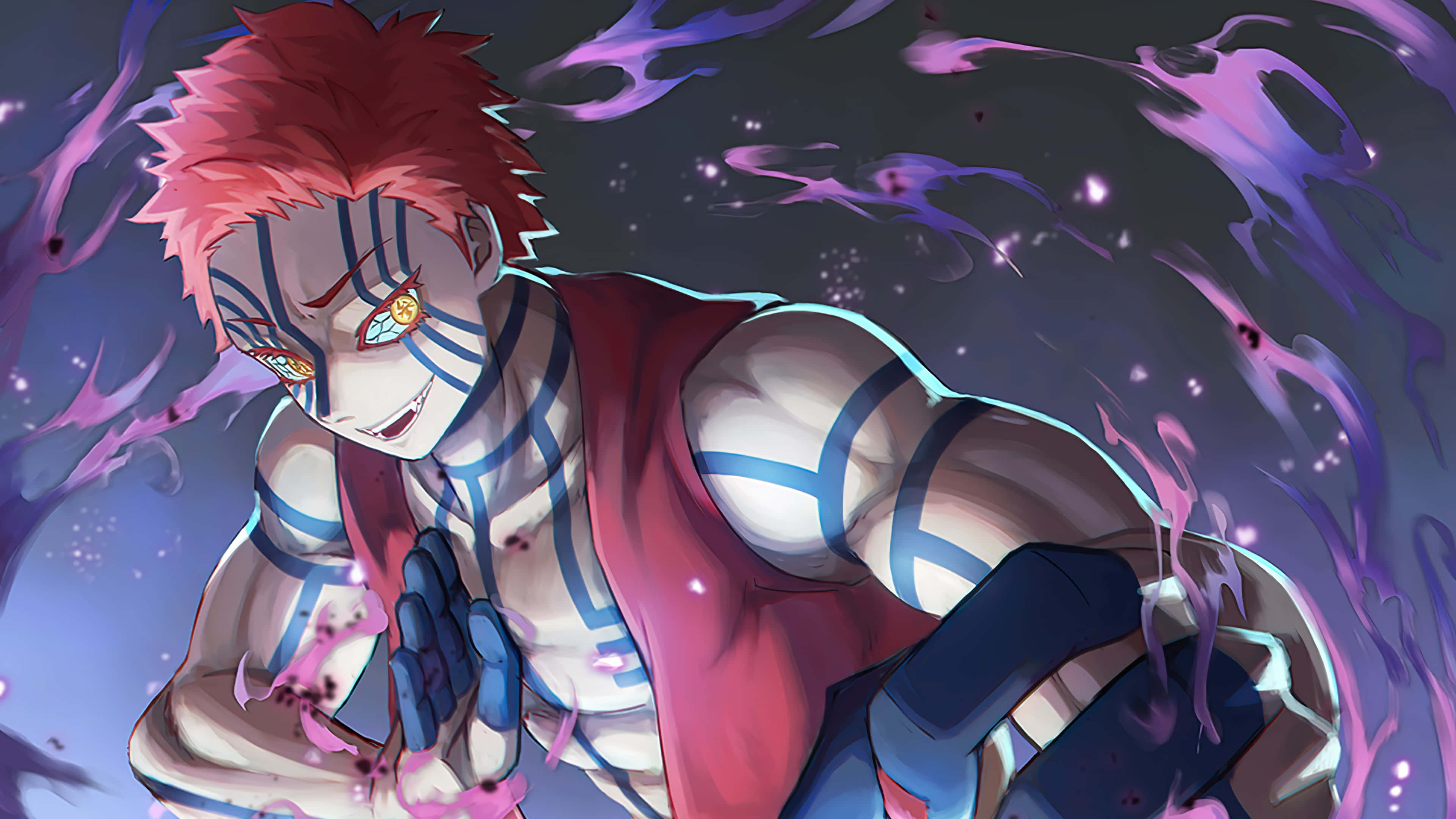 Daki Demon Slayer 桌布 壁紙 — 一個肌肉發達的動漫戰士，紅髮藍紋，在動態戰鬥姿勢中引導紫色能量。