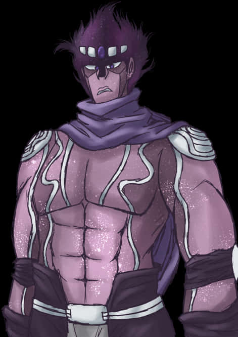 Star Platinum 桌布 壁紙 — 一個肌肉發達的動漫戰士，紫色頭髮和盔甲，站在黑色背景前，表情嚴肅。