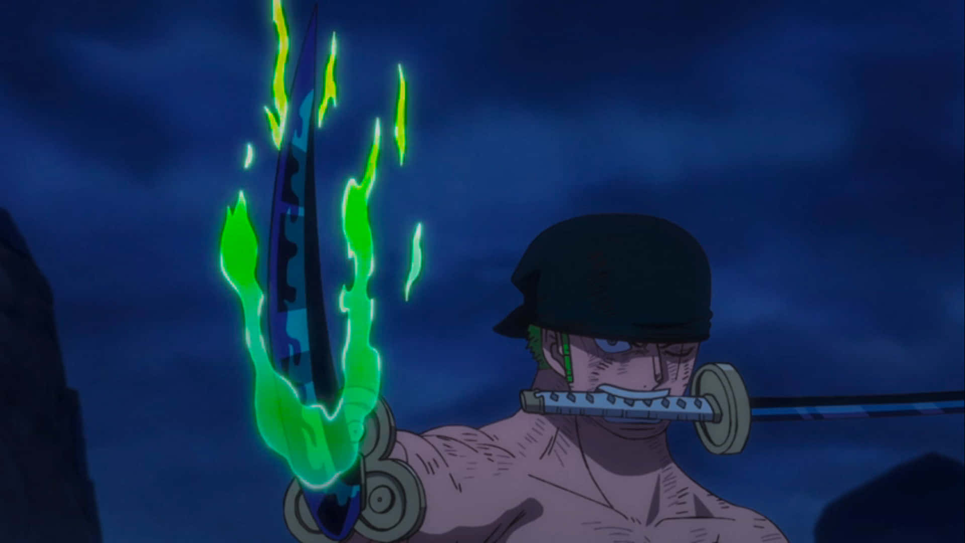 zoro wallpaper 壁紙 — 一個肌肉發達的動漫戰士，綠色頭髮，黑色頭帶，握著一把被鮮綠色火焰包圍的劍，背景是黑暗的暴風雨天空。