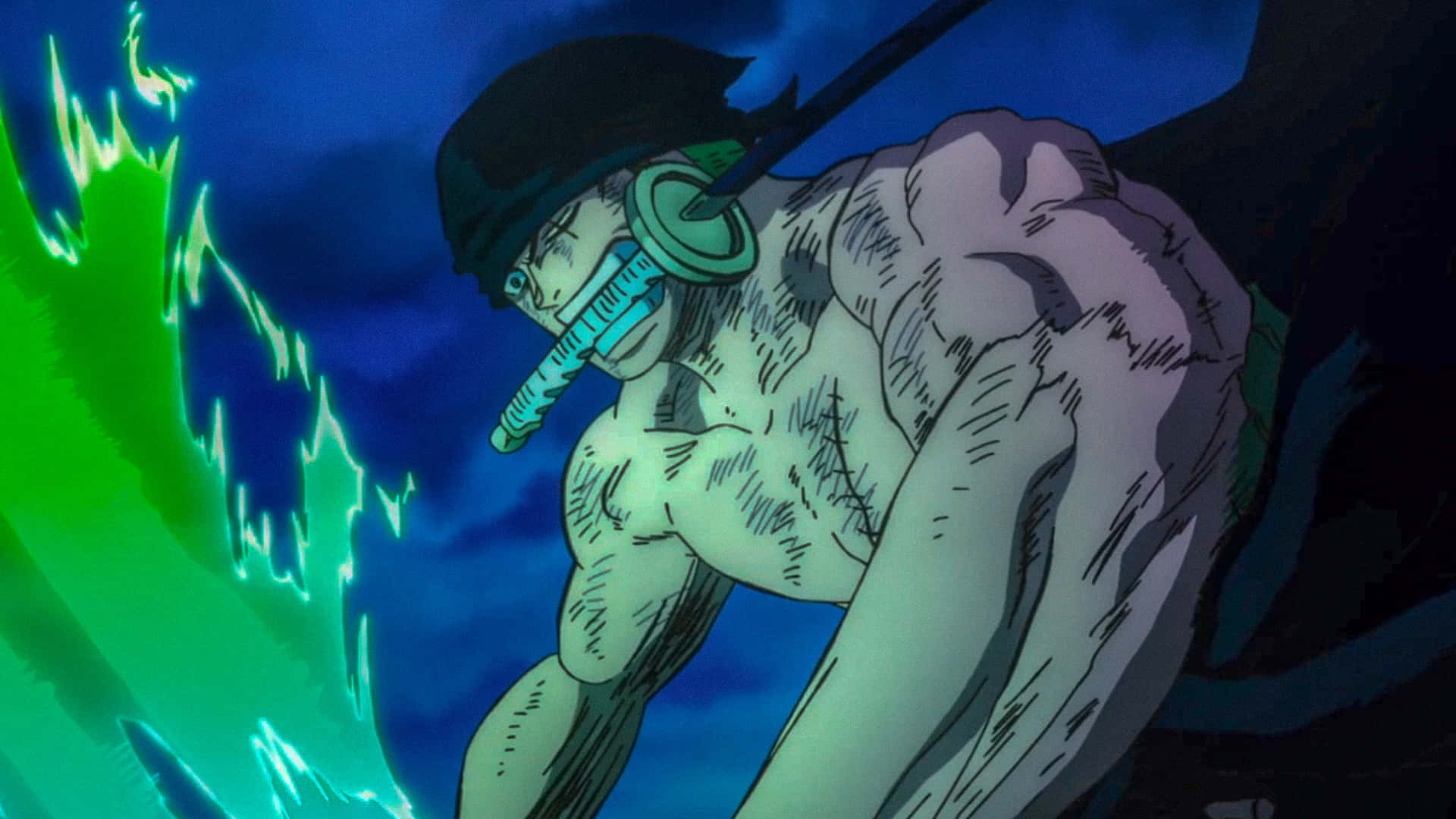 zoro wallpaper 壁紙 — 一個肌肉發達的動漫戰士，肩上插著一把劍，在深藍色的天空中與發光的綠色能量戰鬥。