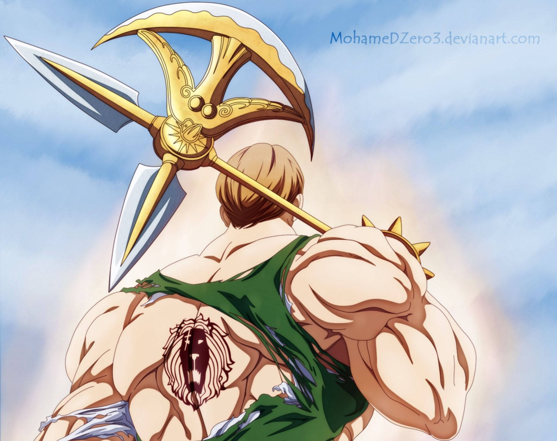 Escanor 桌布 壁紙 — 一個肌肉發達的動漫戰士，背部有獅子紋身，在陰天背景下手持金色長矛。