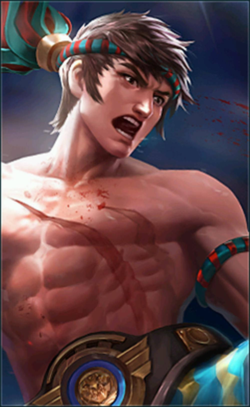 Mobile Legends 動態圖 桌布 壁紙 — 一個肌肉發達的動漫戰士，胸口沾滿鮮血，表情兇猛，戴著部落頭飾和盔甲，背景是深藍色。