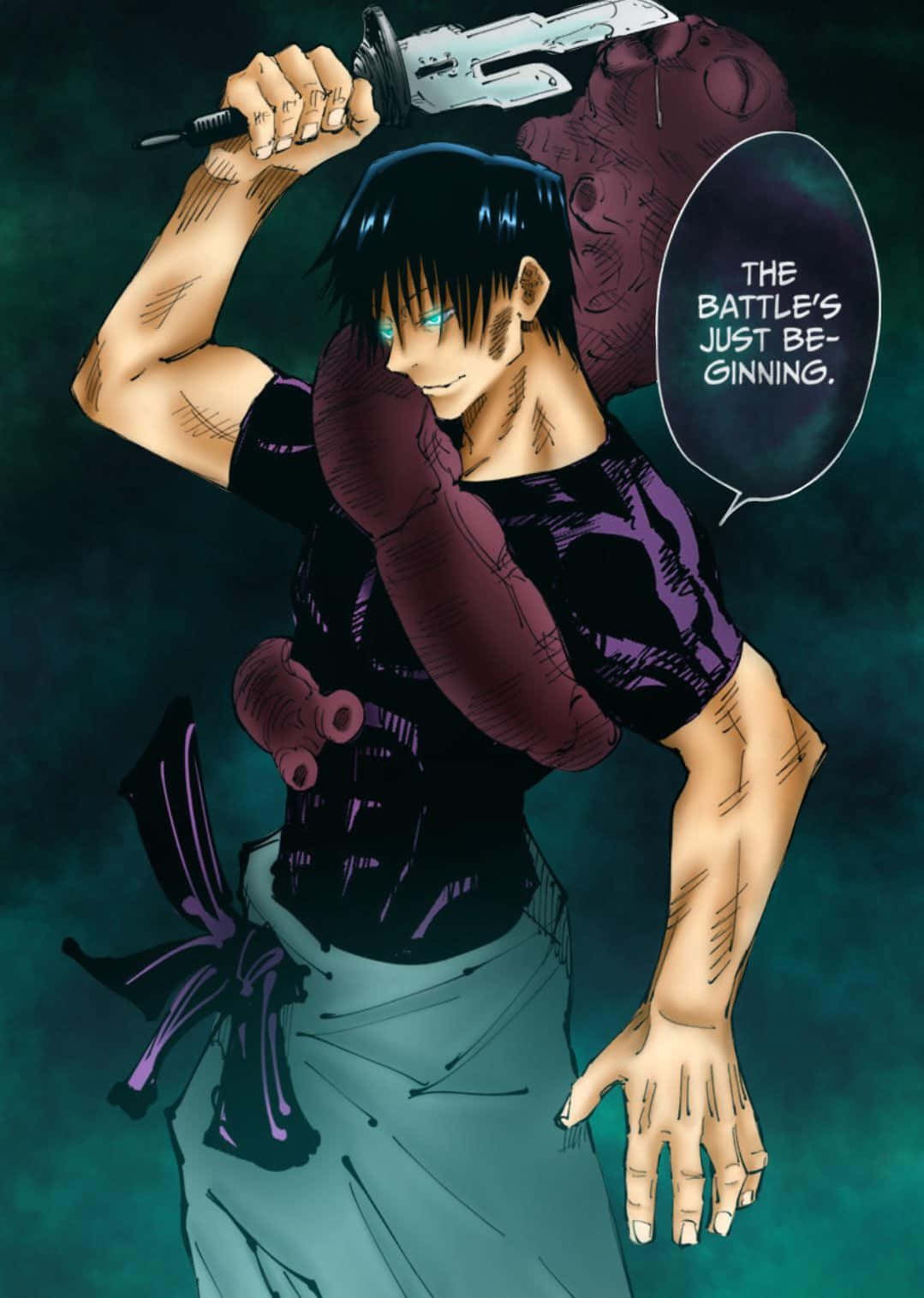 Toji Fushiguro 桌布 壁紙 — 一個肌肉發達的動漫戰士，藍眼睛黑頭髮，在深藍綠色背景上將劍舉過肩膀。