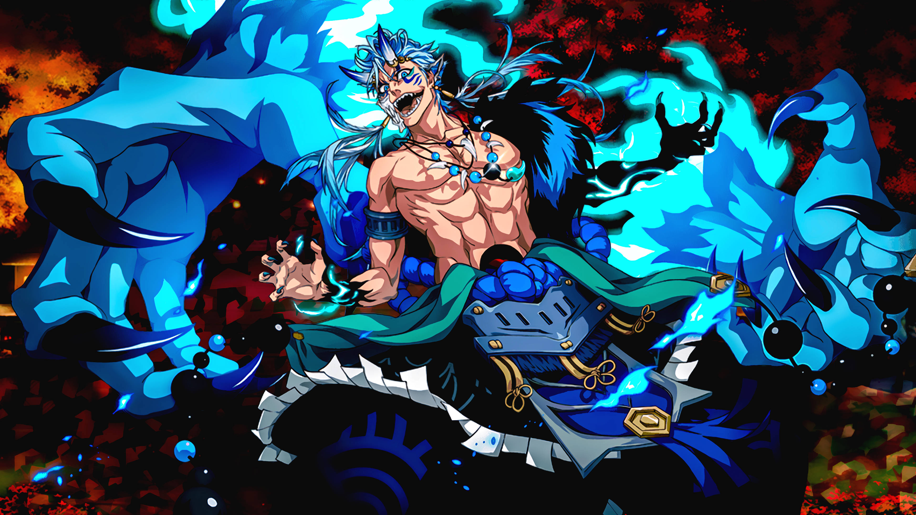 死神 桌布 壁紙 — 一個肌肉發達的動漫戰士，藍色頭髮，雙手發出藍色能量爆炸，背景是火紅和橙色。
